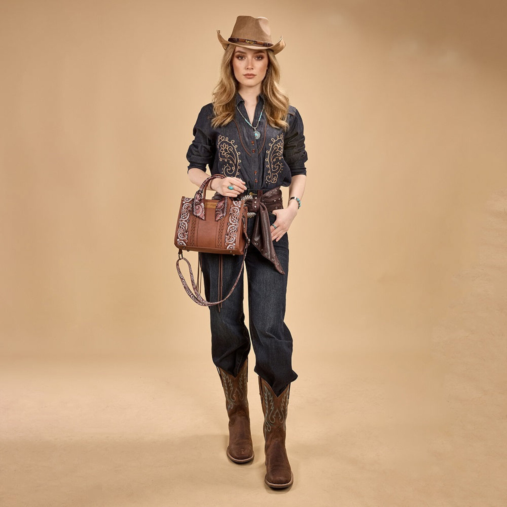 Wrangler WG331-8120SBR - Brown - Wrangler Bandana Tote/Crossbody