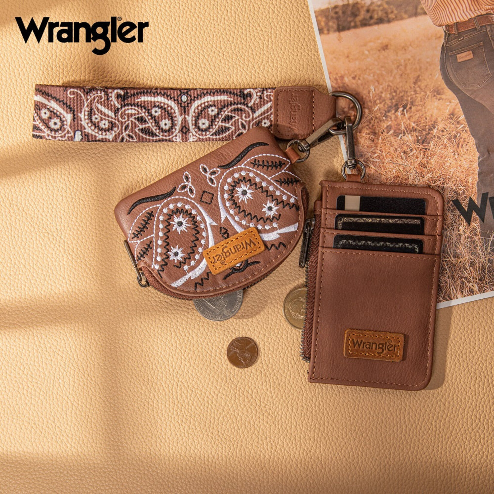 Wrangler WG331-W0051BR - Brown - Wrangler Paisley RFID Blocking Card Coin Pouch Set