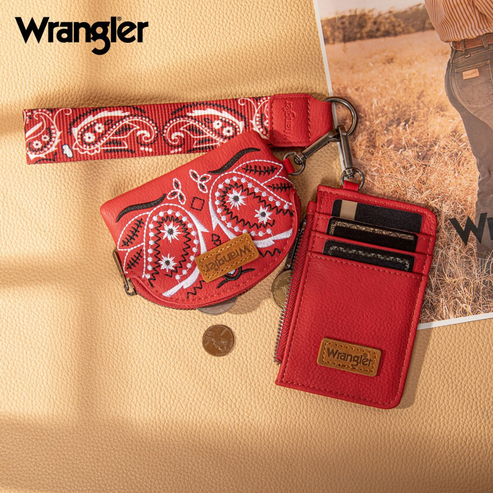 Wrangler WG331-W0051RD - Red - Wrangler Paisley RFID Blocking Card Coin Pouch Set