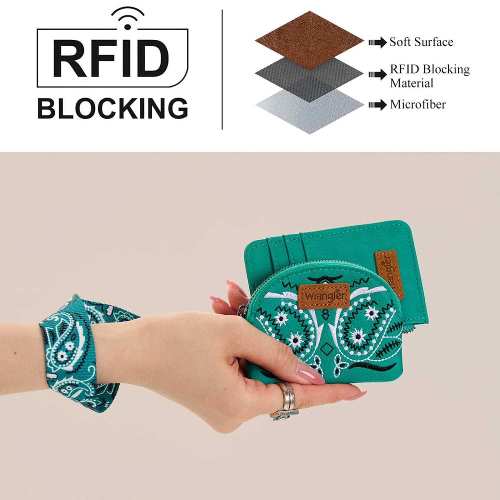 Wrangler WG331-W0051TQ - Turquoise - Wrangler Paisley RFID Blocking Card Coin Pouch Set