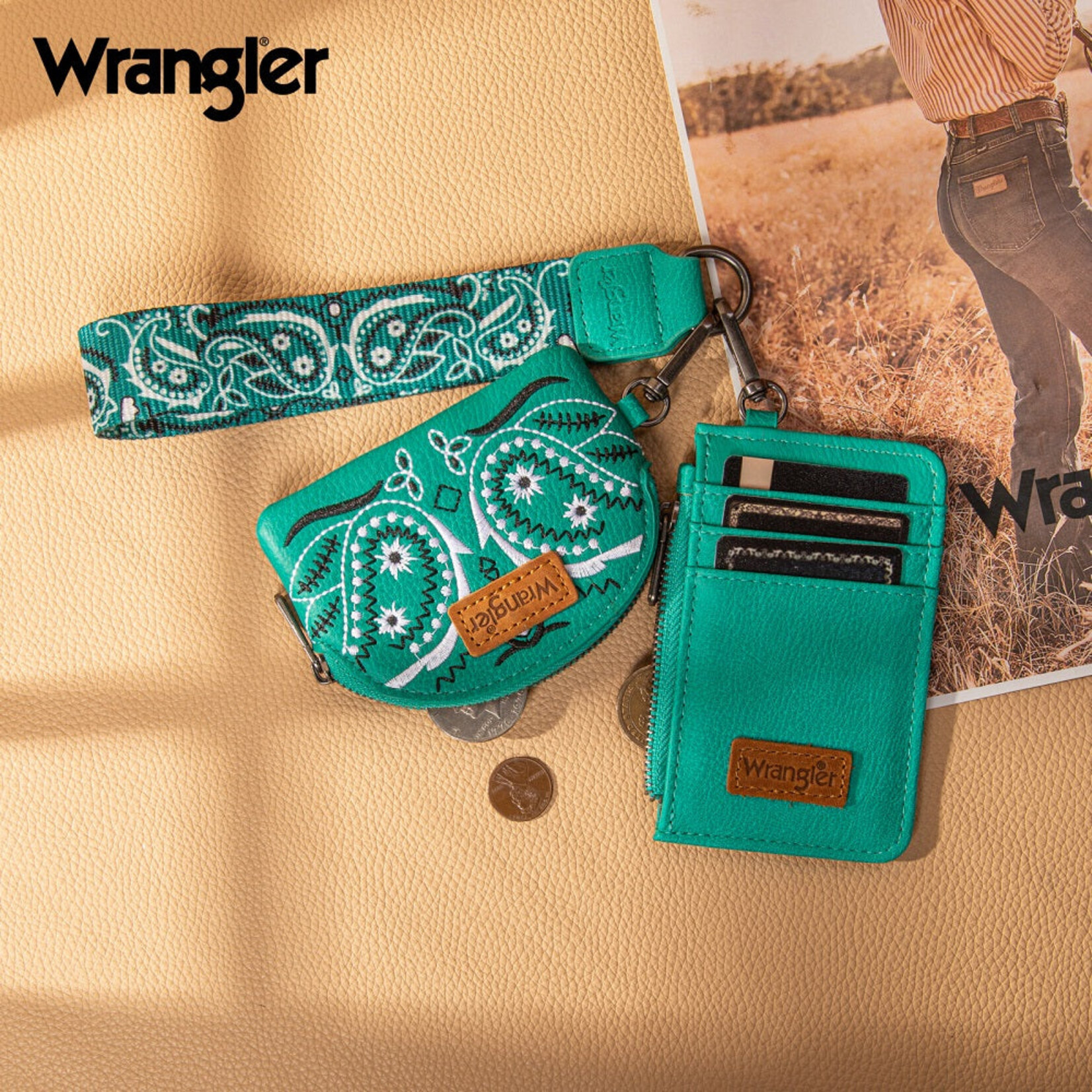 Wrangler WG331-W0051TQ - Turquoise - Wrangler Paisley RFID Blocking Card Coin Pouch Set