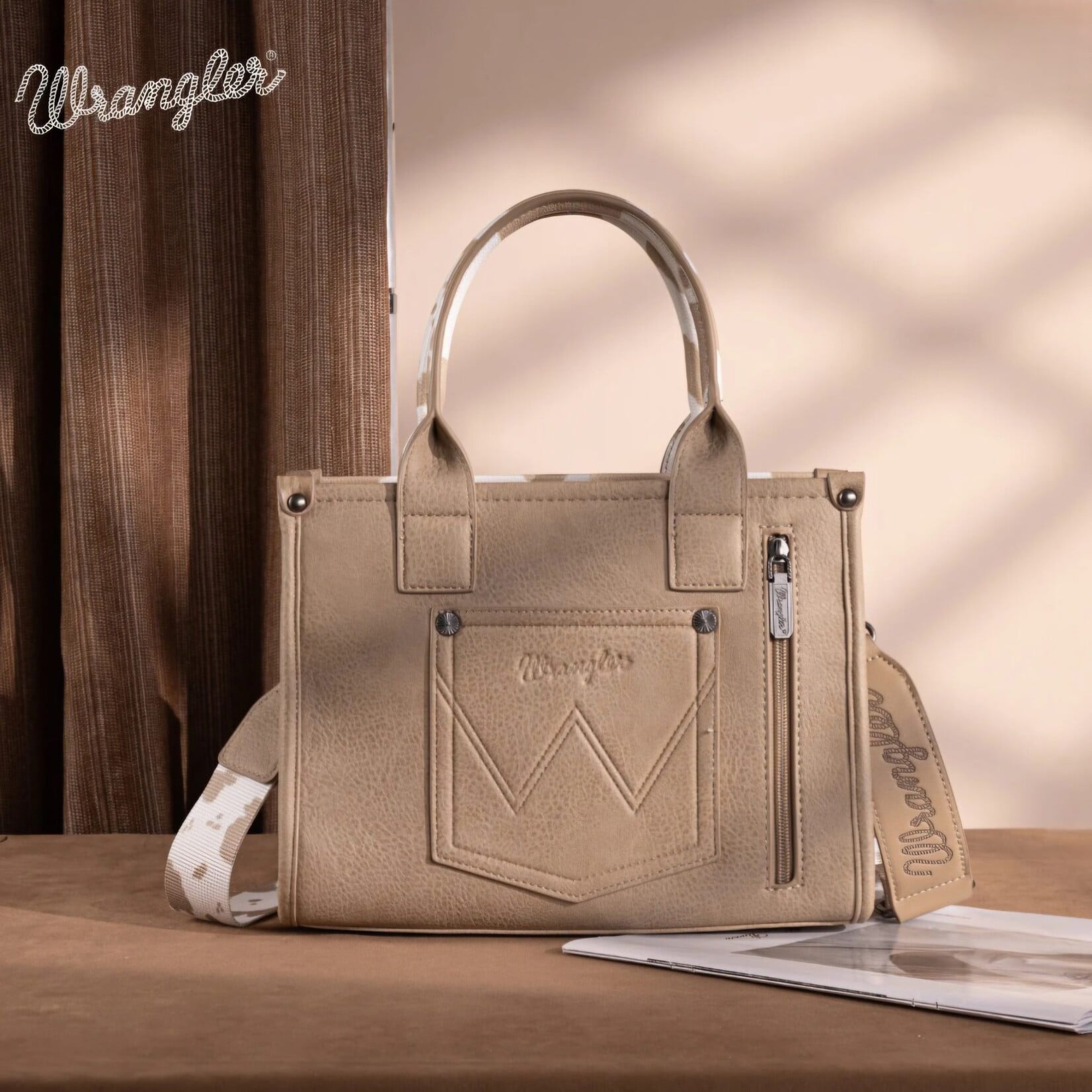 Wrangler WG133-81203STN - Tan - Wrangler Cow Print CC Tote / Crossbody