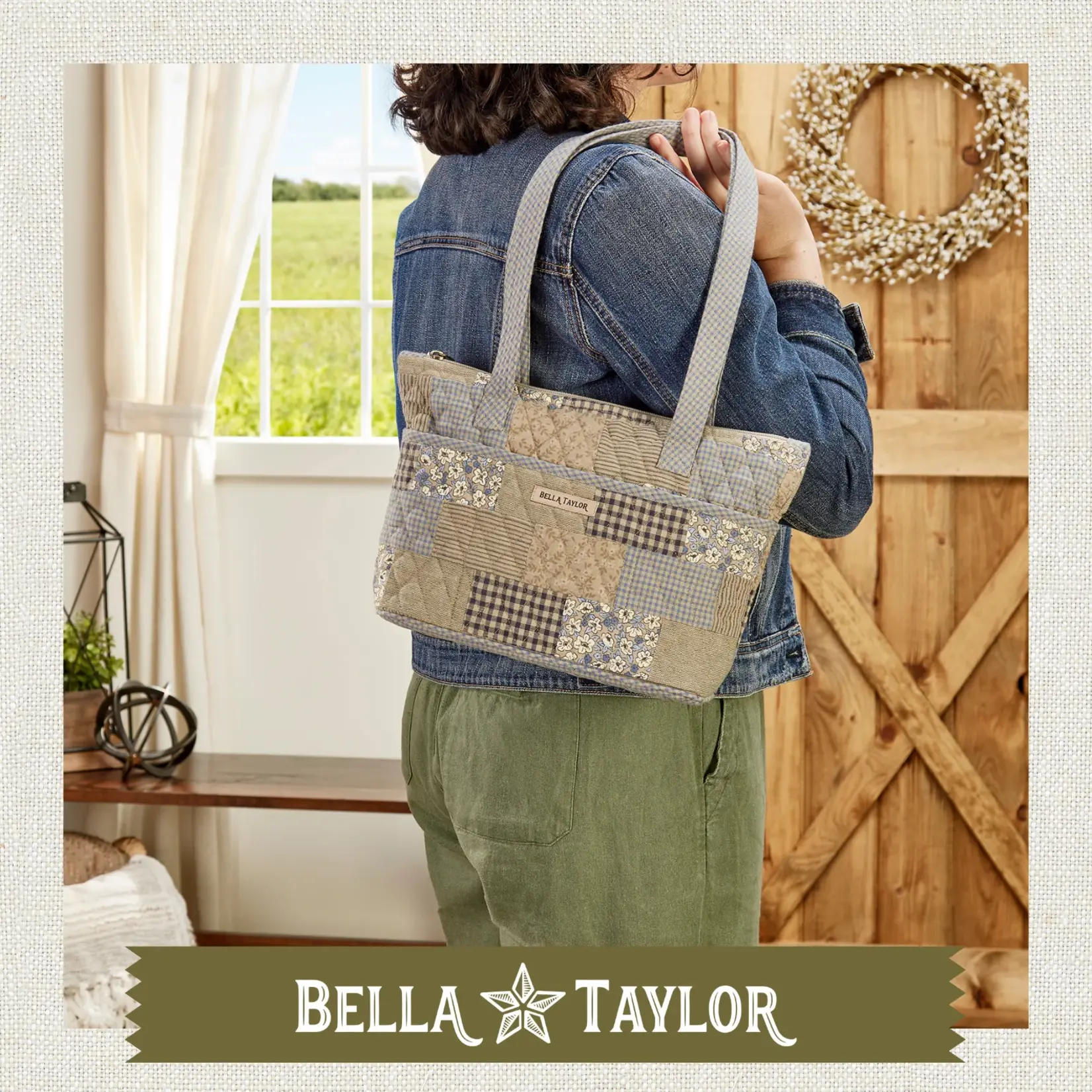 Bella Taylor Small Shoulder Tote - Khaki Patchwork