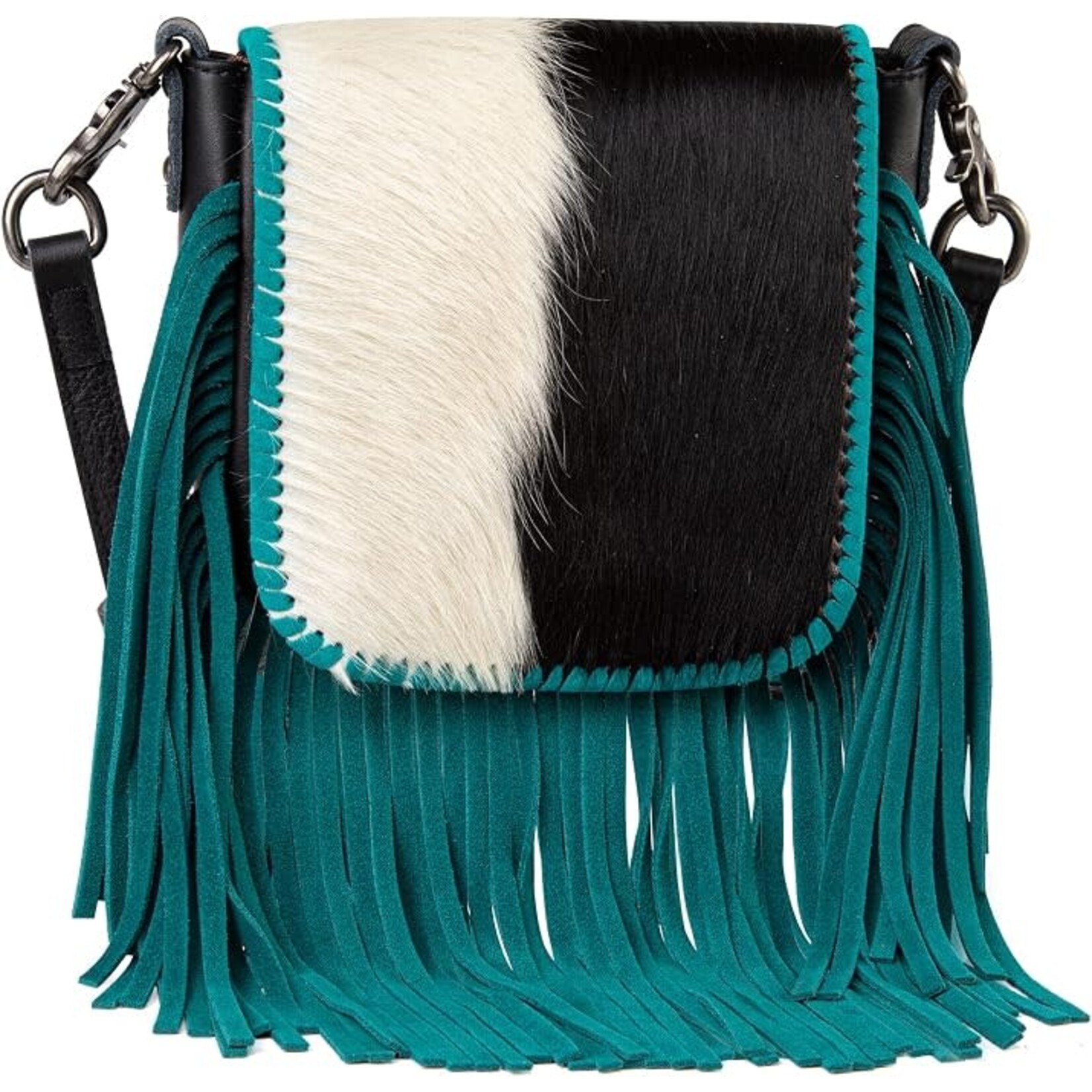Montana West Inc RLC-L161BK-TQ - Black/Turquoise -  MW Leather Hair-On Fringe Crossbody - Clip Bag