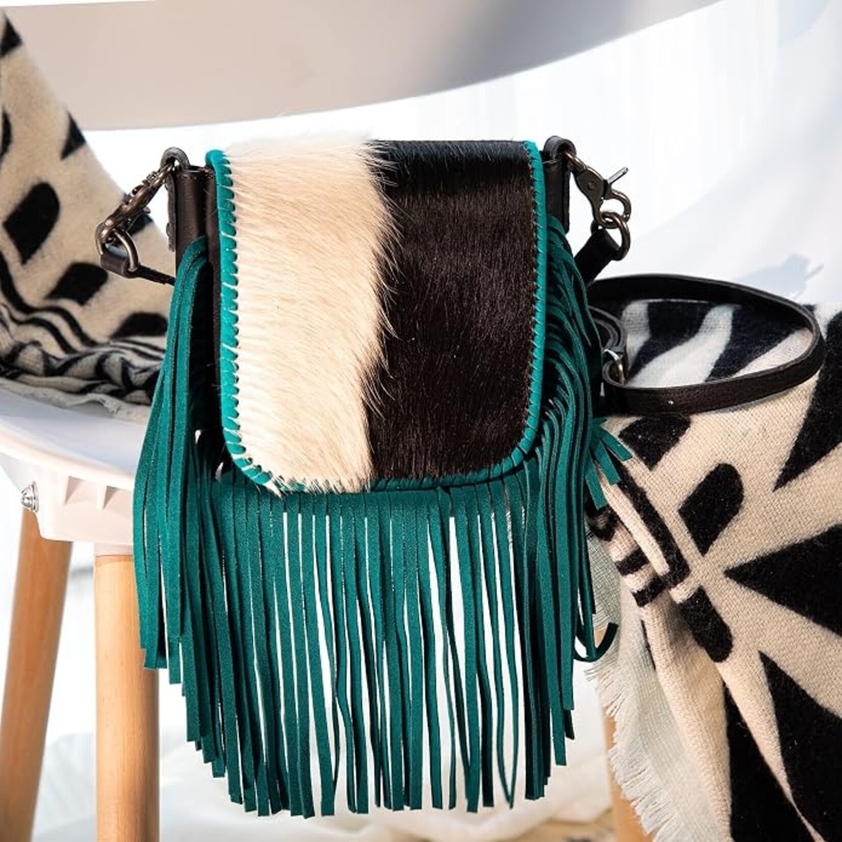 Montana West Inc RLC-L161BK-TQ - Black/Turquoise -  MW Leather Hair-On Fringe Crossbody - Clip Bag
