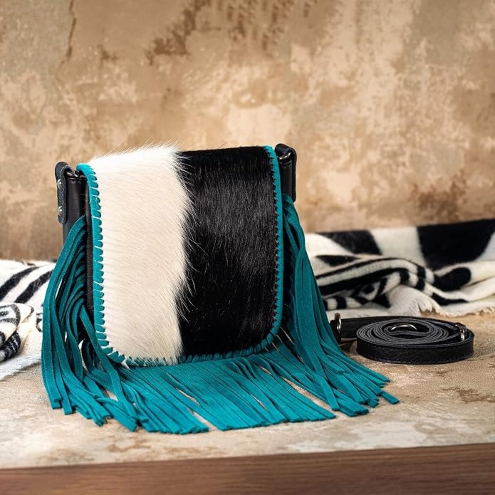Montana West Inc RLC-L161BK-TQ - Black/Turquoise -  MW Leather Hair-On Fringe Crossbody - Clip Bag