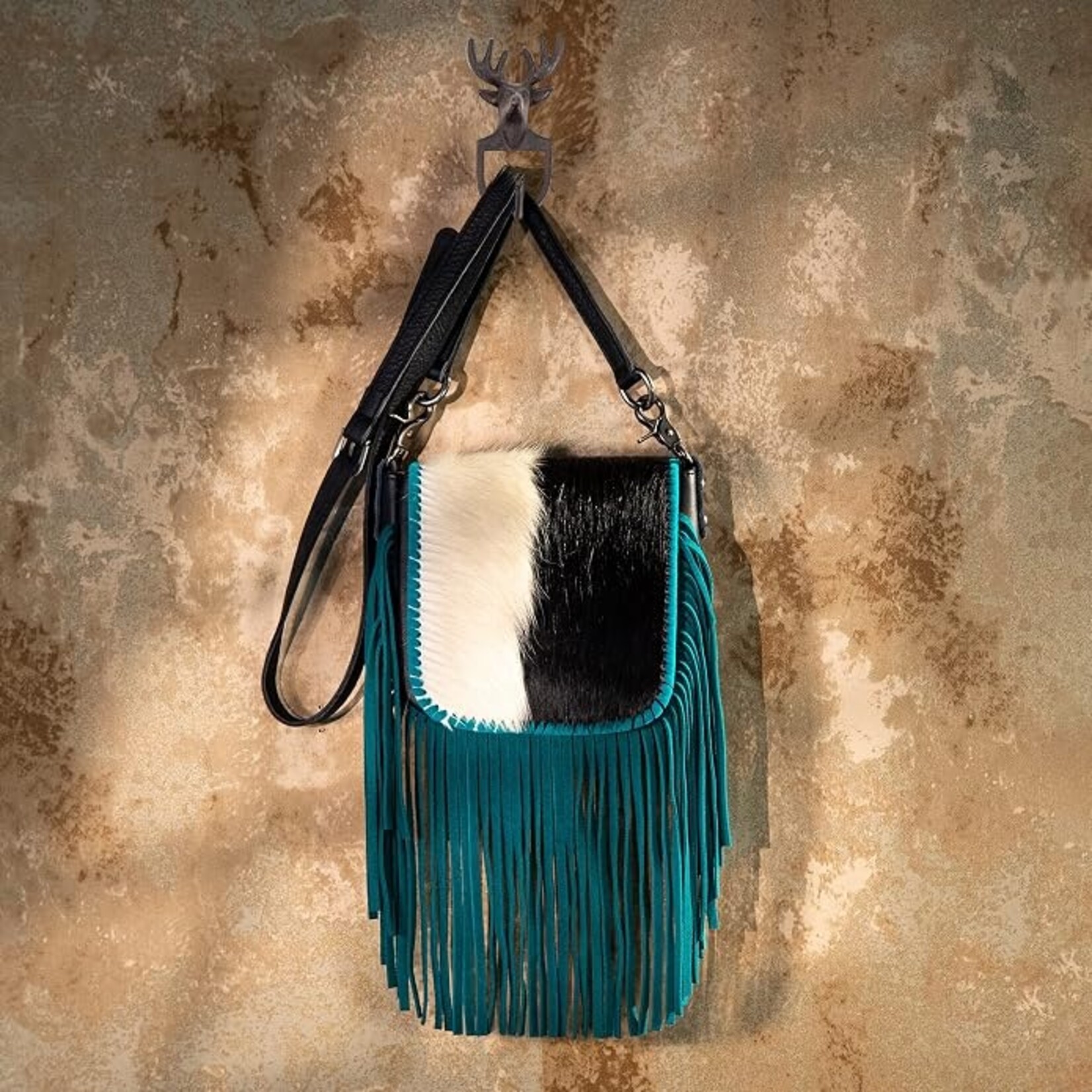 Montana West Inc RLC-L161BK-TQ - Black/Turquoise -  MW Leather Hair-On Fringe Crossbody - Clip Bag