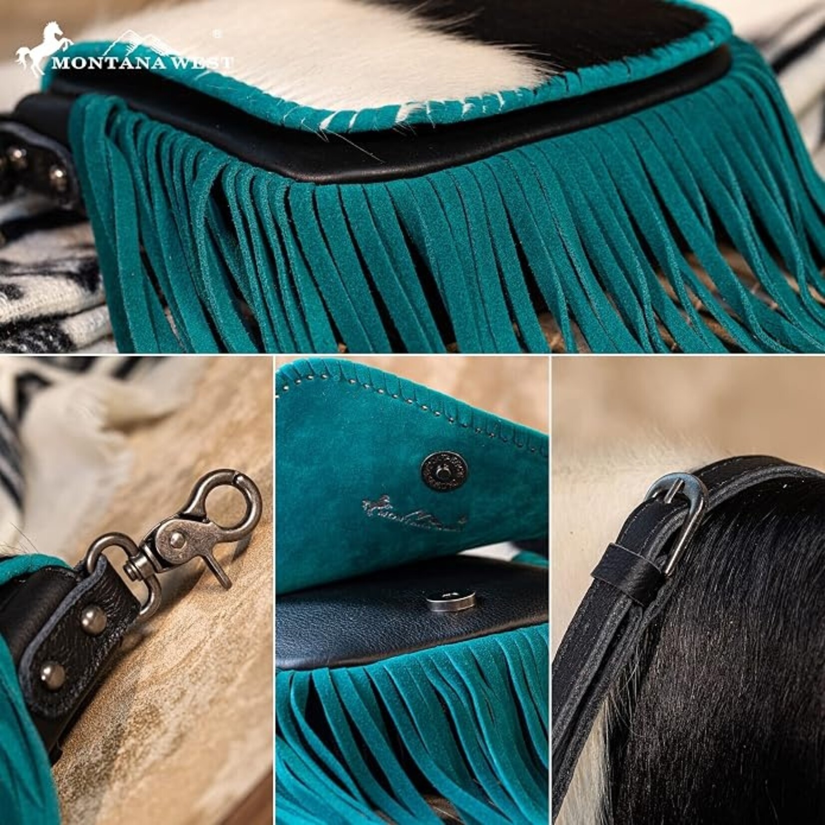 Montana West Inc RLC-L161BK-TQ - Black/Turquoise -  MW Leather Hair-On Fringe Crossbody - Clip Bag