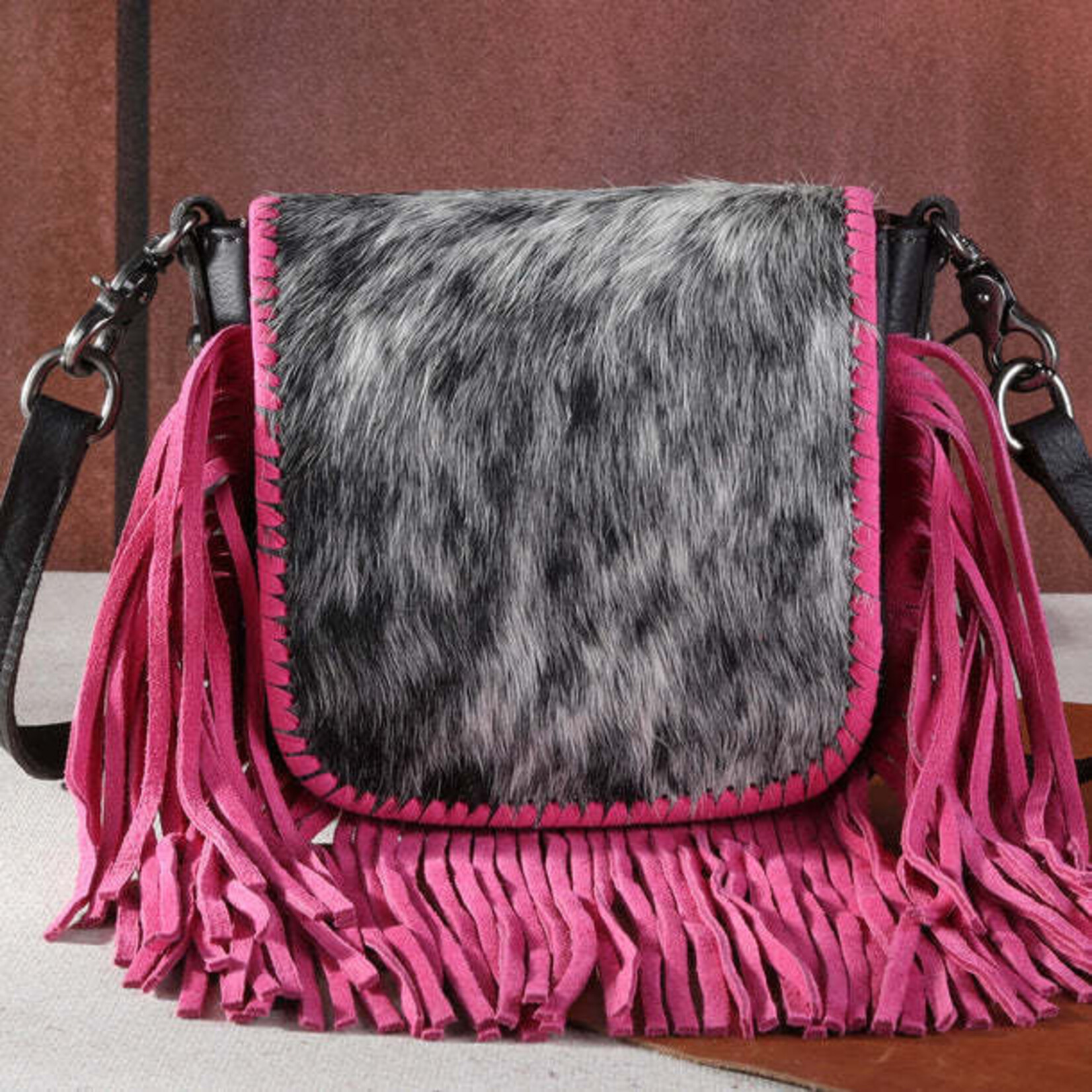 Montana West Inc RLC-L161CF-PK - Coffee/Pink -  MW Leather Hair-On Fringe Crossbody - Clip Bag