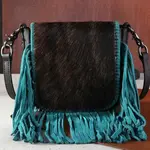 Montana West Inc RLC-L161CF-TQ - Coffee/Turquoise -  MW Leather Hair-On Fringe Crossbody - Clip Bag