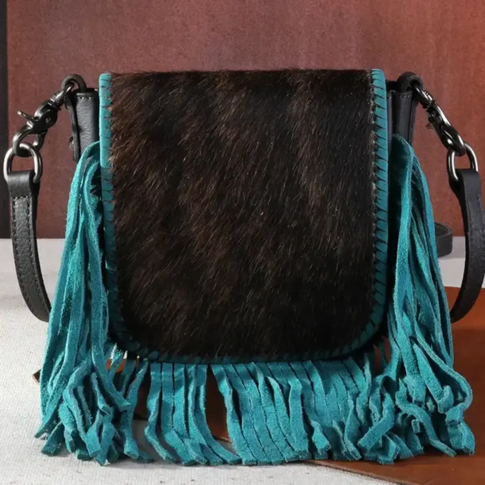 Montana West Inc RLC-L161CF-TQ - Coffee/Turquoise -  MW Leather Hair-On Fringe Crossbody - Clip Bag
