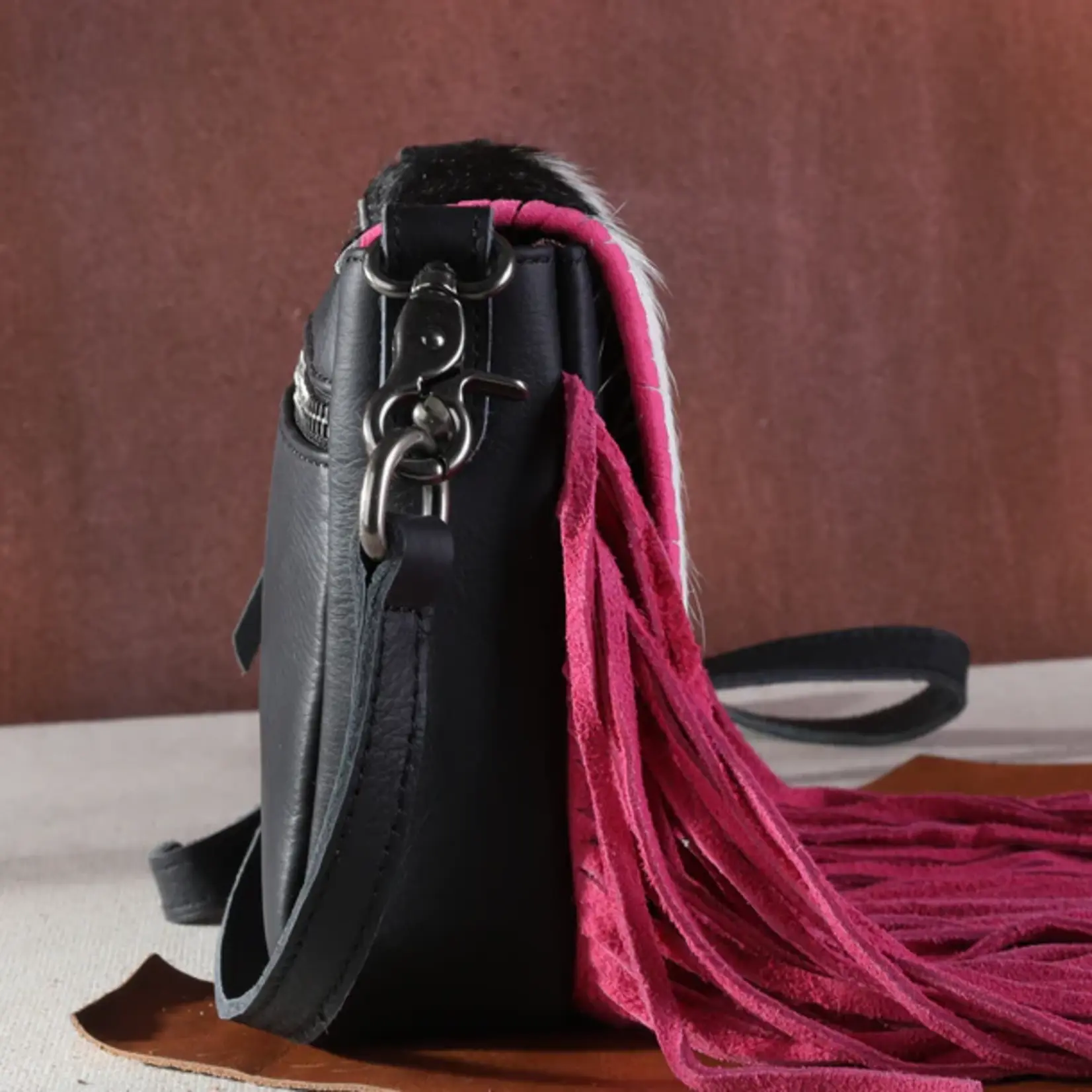 Montana West Inc RLC-L161CF-TQ - Coffee/Turquoise -  MW Leather Hair-On Fringe Crossbody - Clip Bag