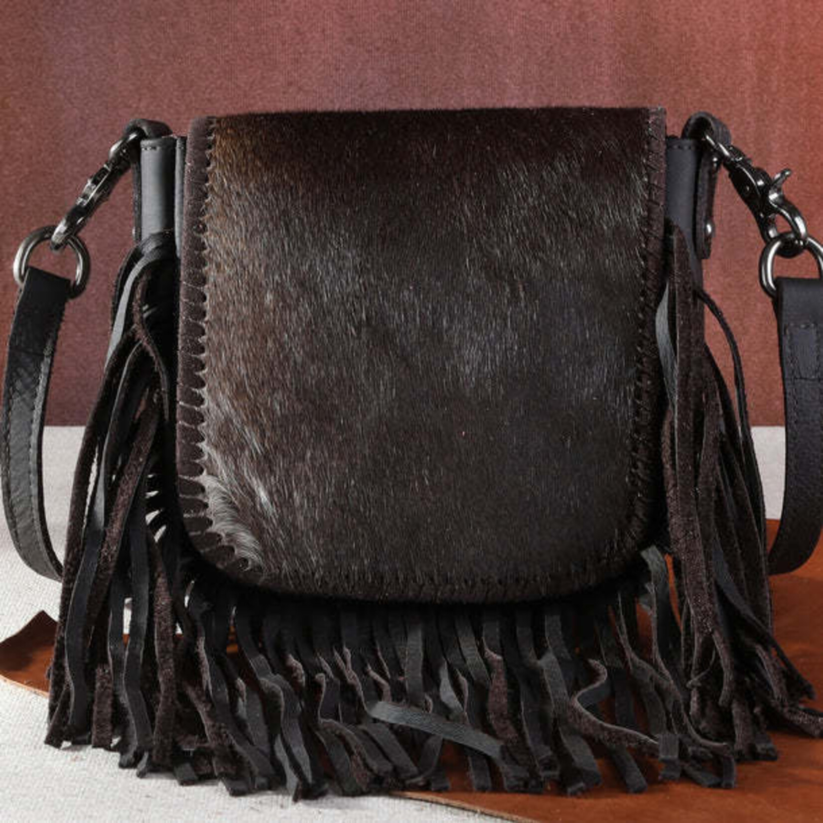 Montana West Inc RLC-L161CF - Coffee -  MW Leather Hair-On Fringe Crossbody - Clip Bag