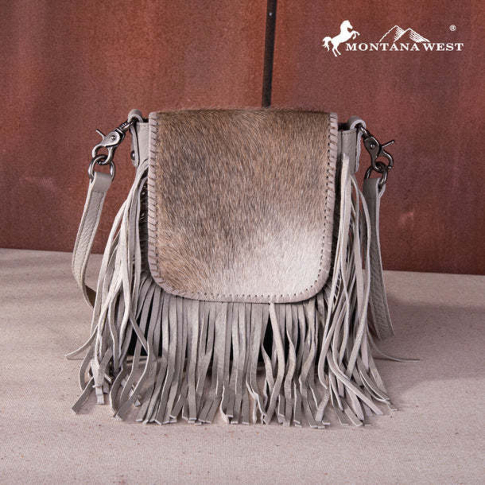 Montana West Inc RLC-L161TN - Tan -  MW Leather Hair-On Fringe Crossbody - Clip Bag
