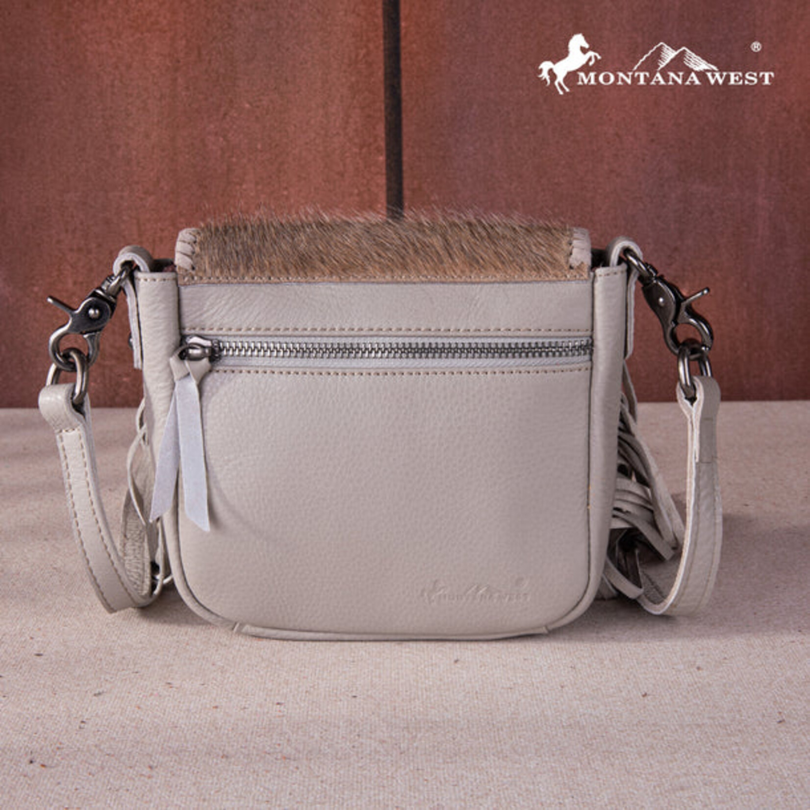 Montana West Inc RLC-L161TN - Tan -  MW Leather Hair-On Fringe Crossbody - Clip Bag