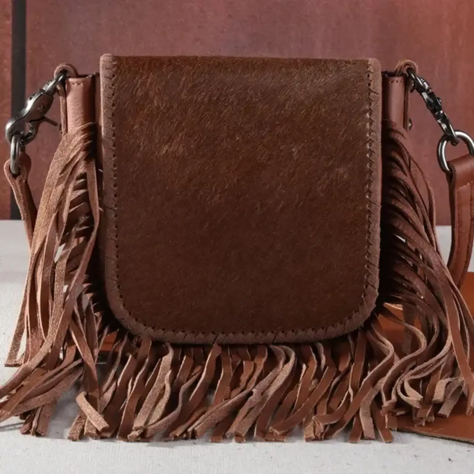 Montana West Inc RLC-L161BR - Brown -  MW Leather Hair-On Fringe Crossbody - Clip Bag