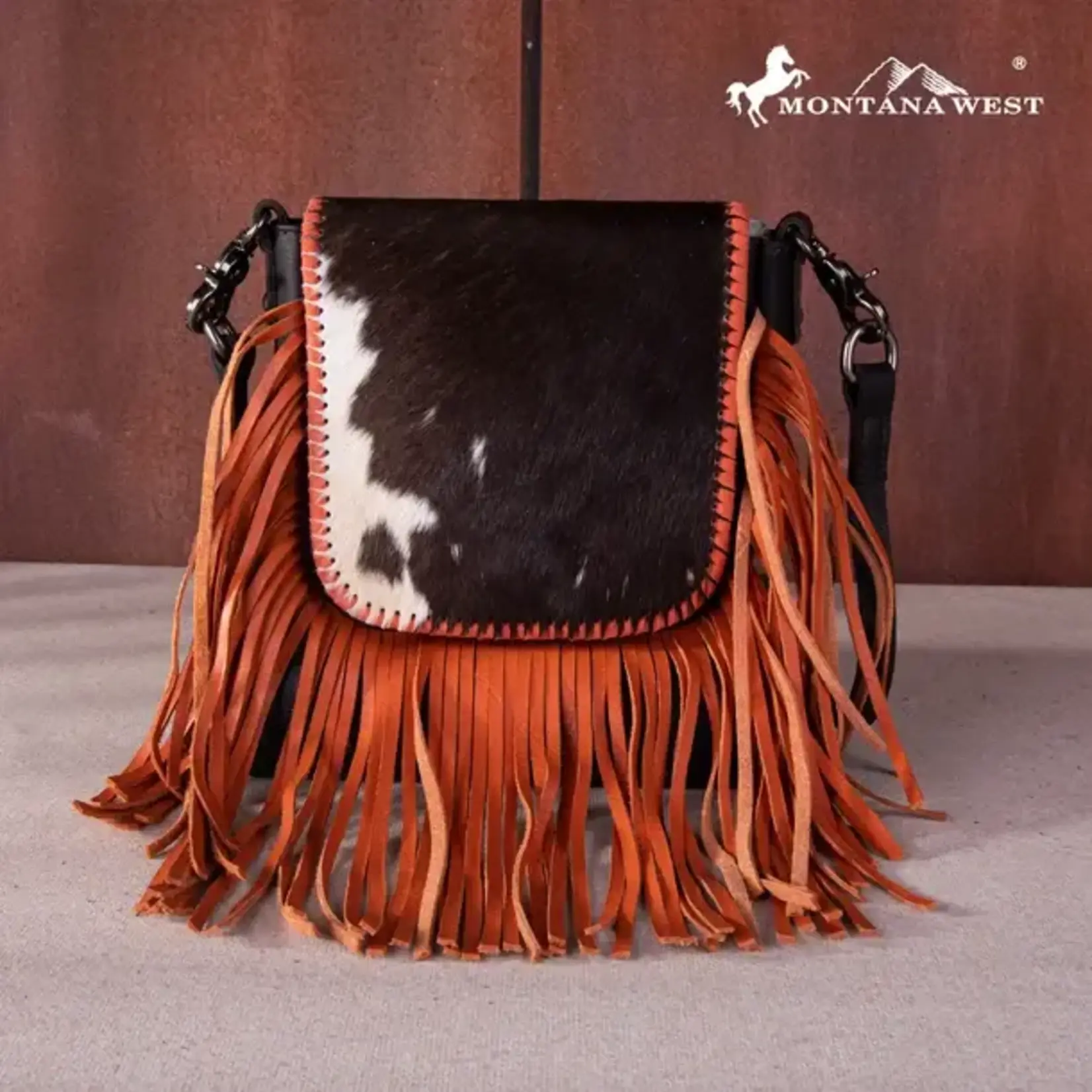 Montana West Inc RLC-L161CF-OR - Coffee/Orange -  MW Leather Hair-On Fringe Crossbody - Clip Bag