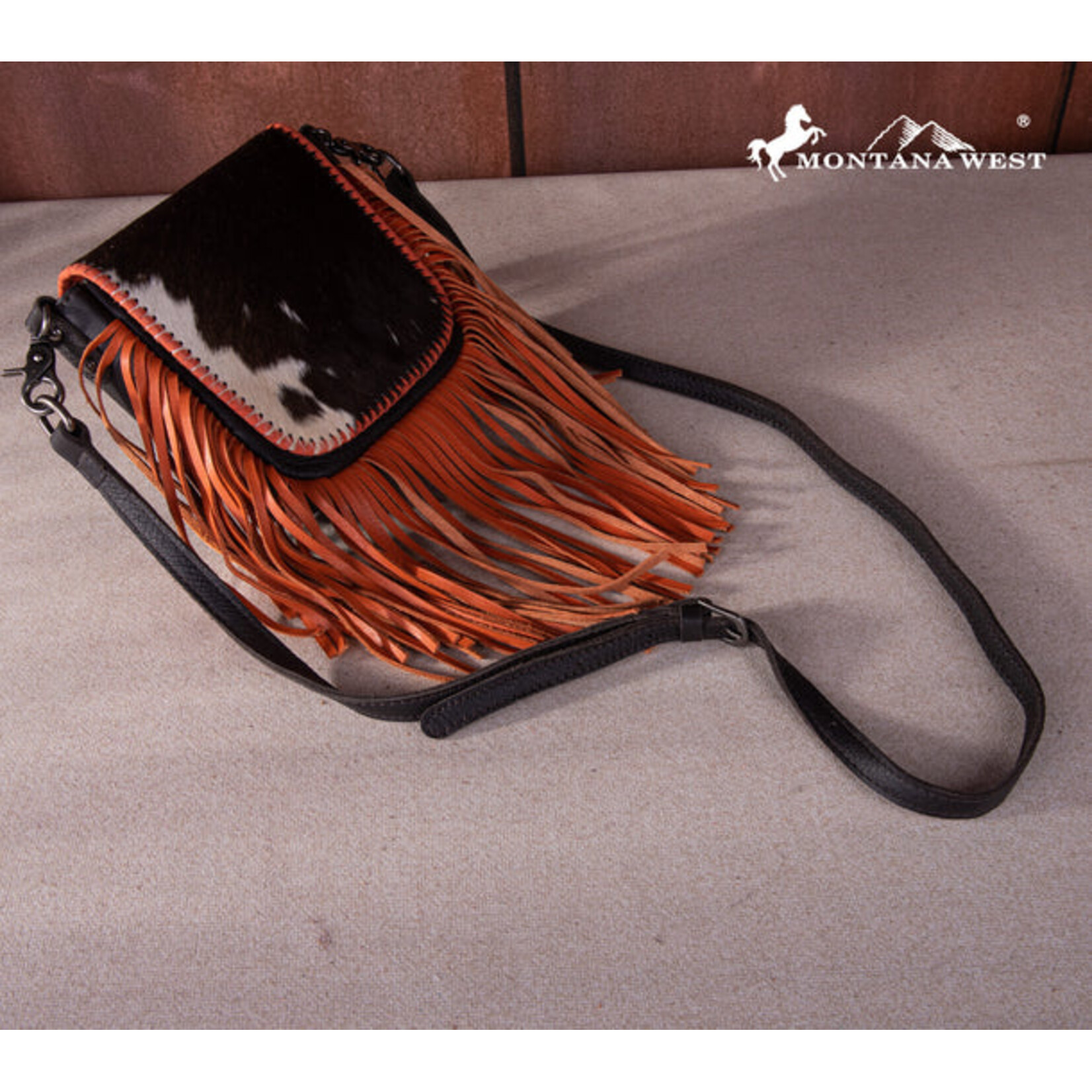 Montana West Inc RLC-L161CF-OR - Coffee/Orange -  MW Leather Hair-On Fringe Crossbody - Clip Bag
