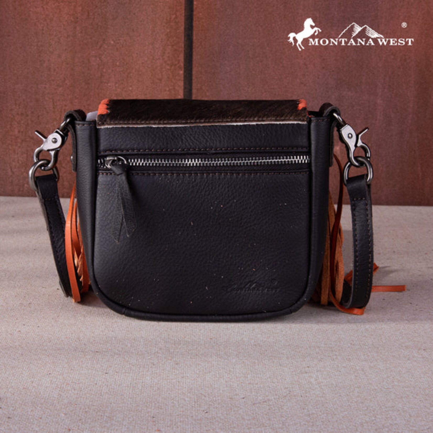 Montana West Inc RLC-L161CF-OR - Coffee/Orange -  MW Leather Hair-On Fringe Crossbody - Clip Bag