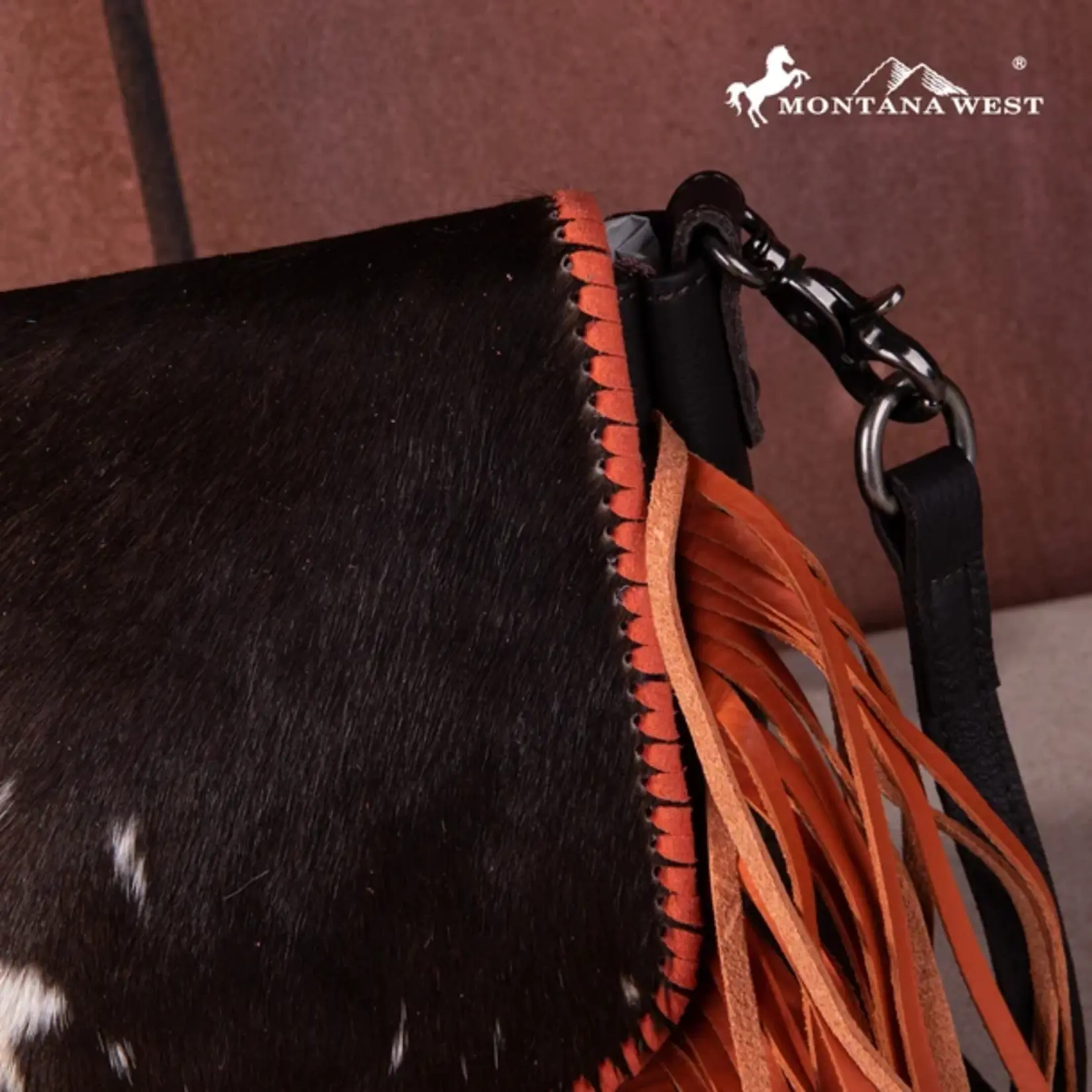 Montana West Inc RLC-L161CF-OR - Coffee/Orange -  MW Leather Hair-On Fringe Crossbody - Clip Bag