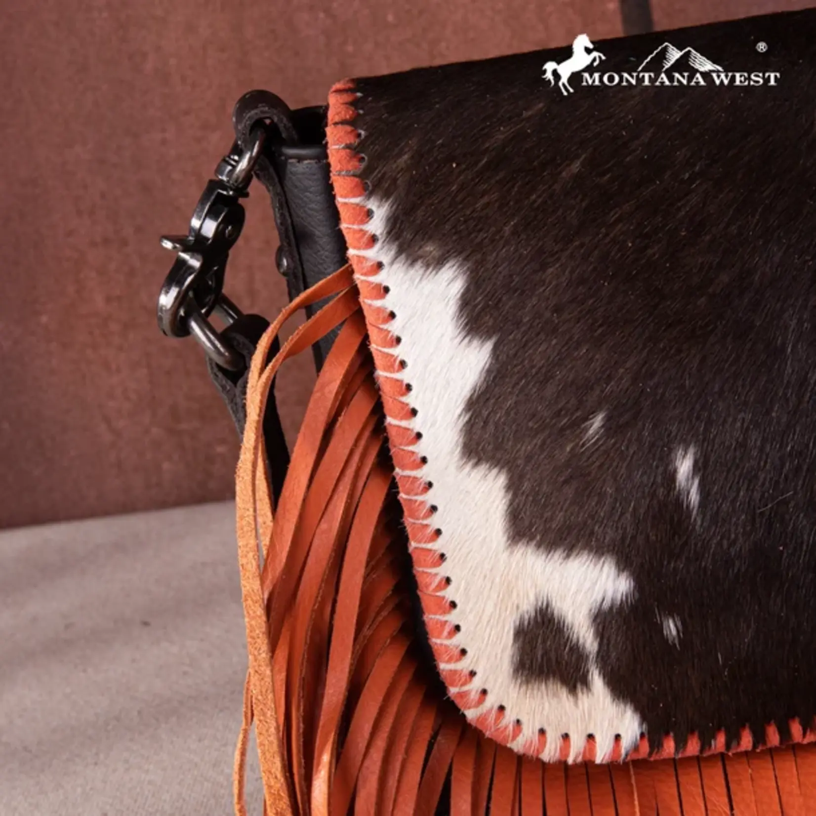 Montana West Inc RLC-L161CF-OR - Coffee/Orange -  MW Leather Hair-On Fringe Crossbody - Clip Bag