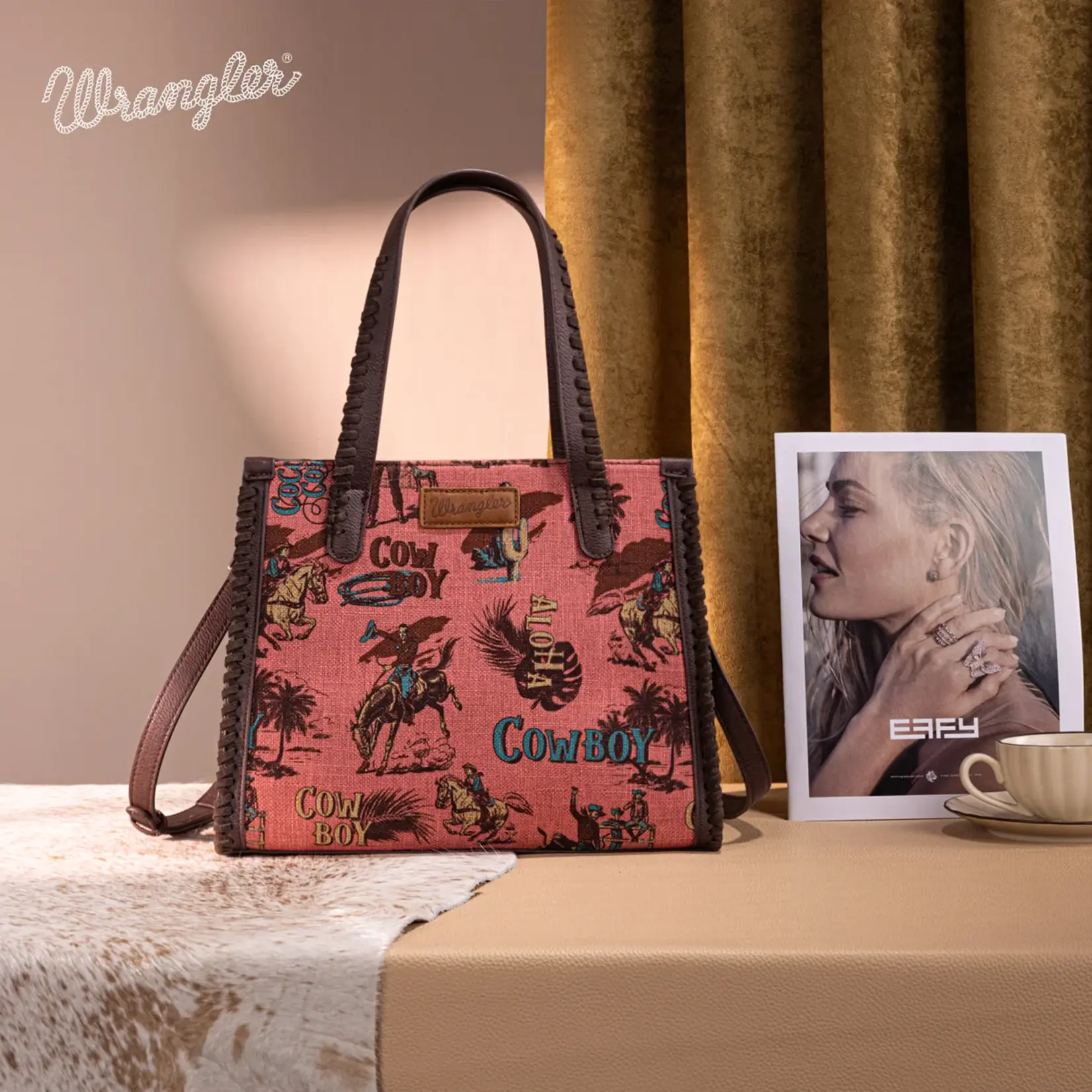 Wrangler WG60G-8317 - Hot Pink - Wrangler Vintage Retro Cowboy Cool Print Concealed Carry Satchel/Crossbody