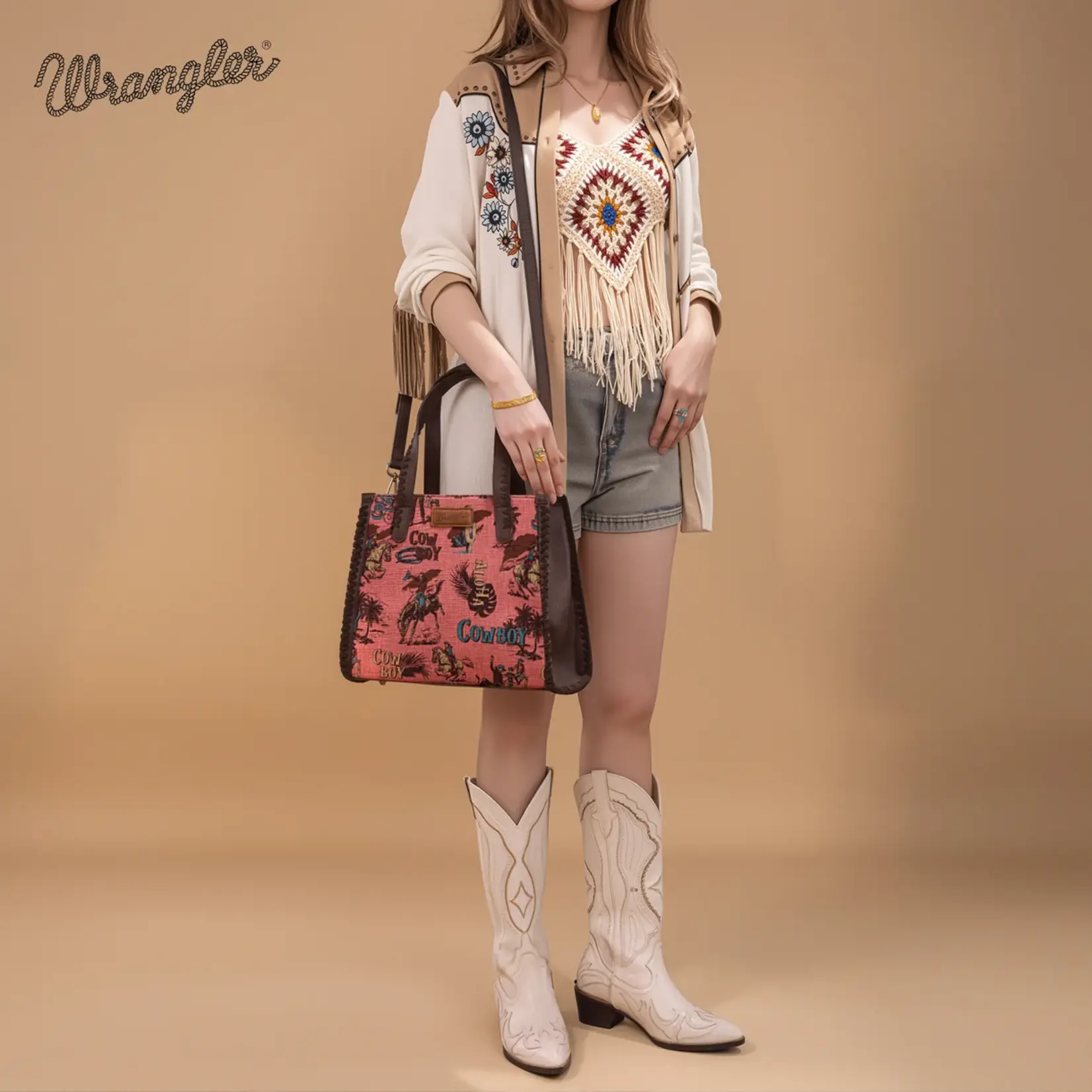 Wrangler WG60G-8317 - Hot Pink - Wrangler Vintage Retro Cowboy Cool Print Concealed Carry Satchel/Crossbody