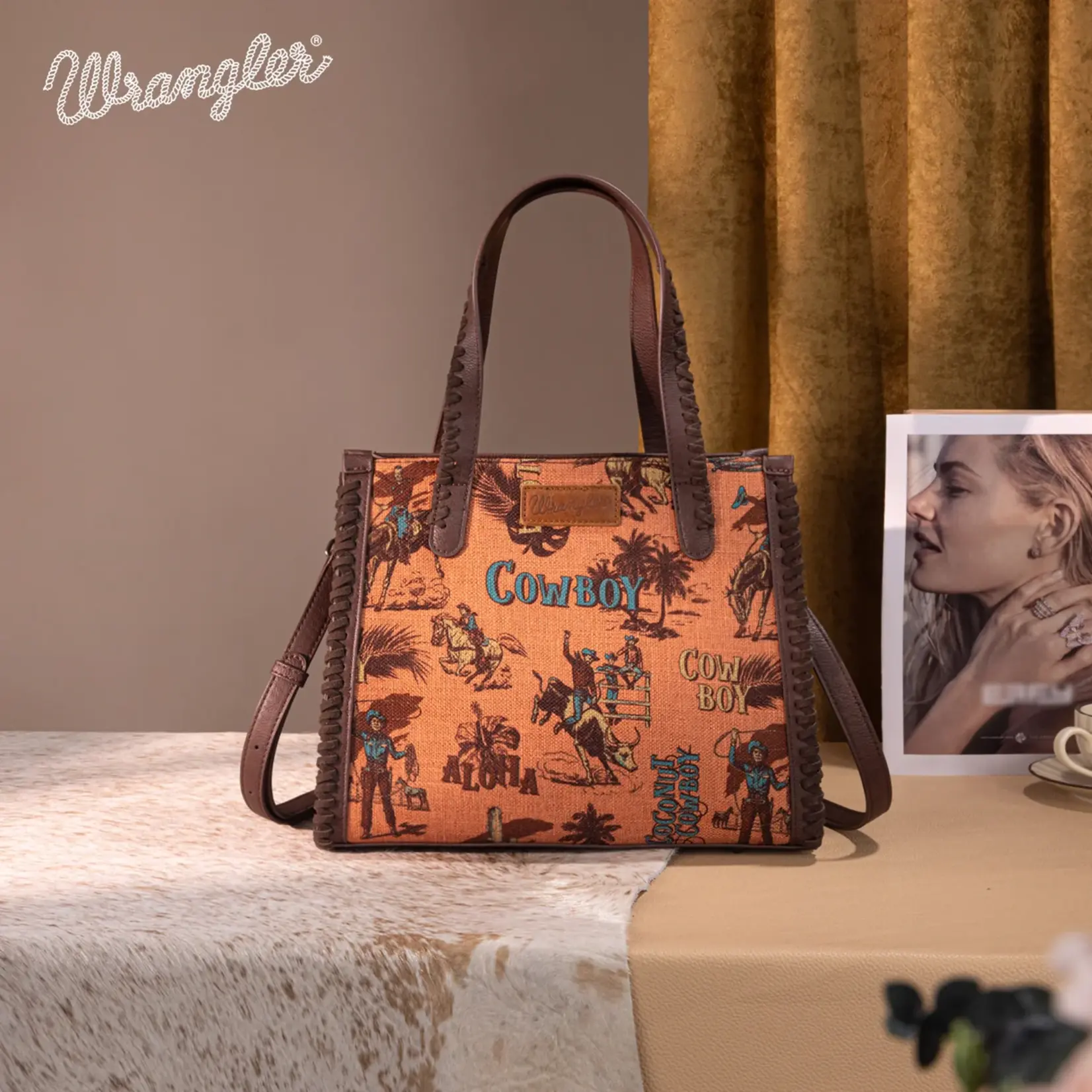 Wrangler WG60G-8317 - Dark Brown - Wrangler Vintage Retro Cowboy Cool Print Concealed Carry Satchel/Crossbody