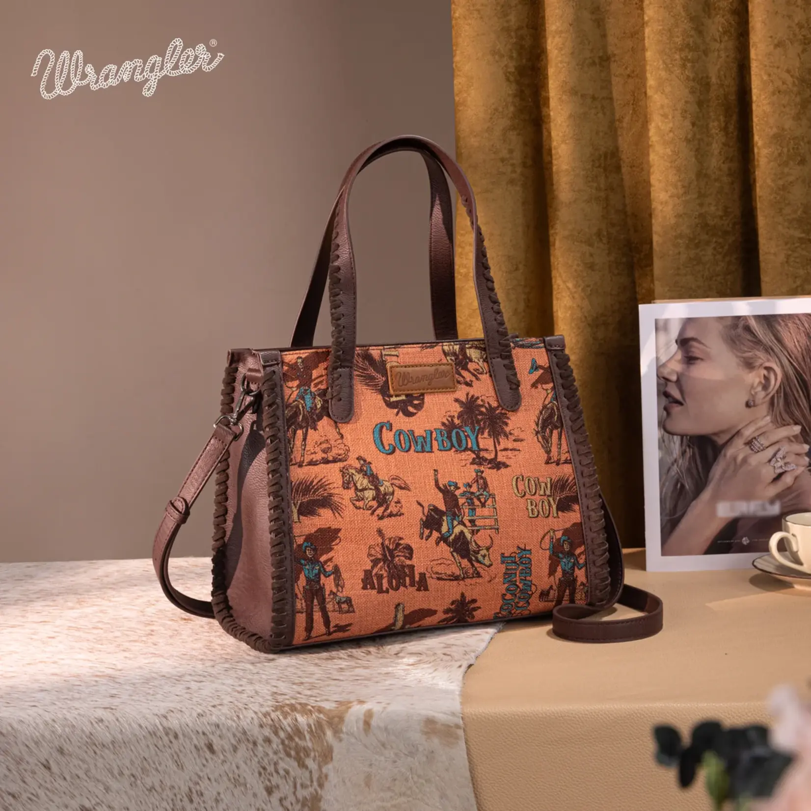 Wrangler WG60G-8317 - Dark Brown - Wrangler Vintage Retro Cowboy Cool Print Concealed Carry Satchel/Crossbody