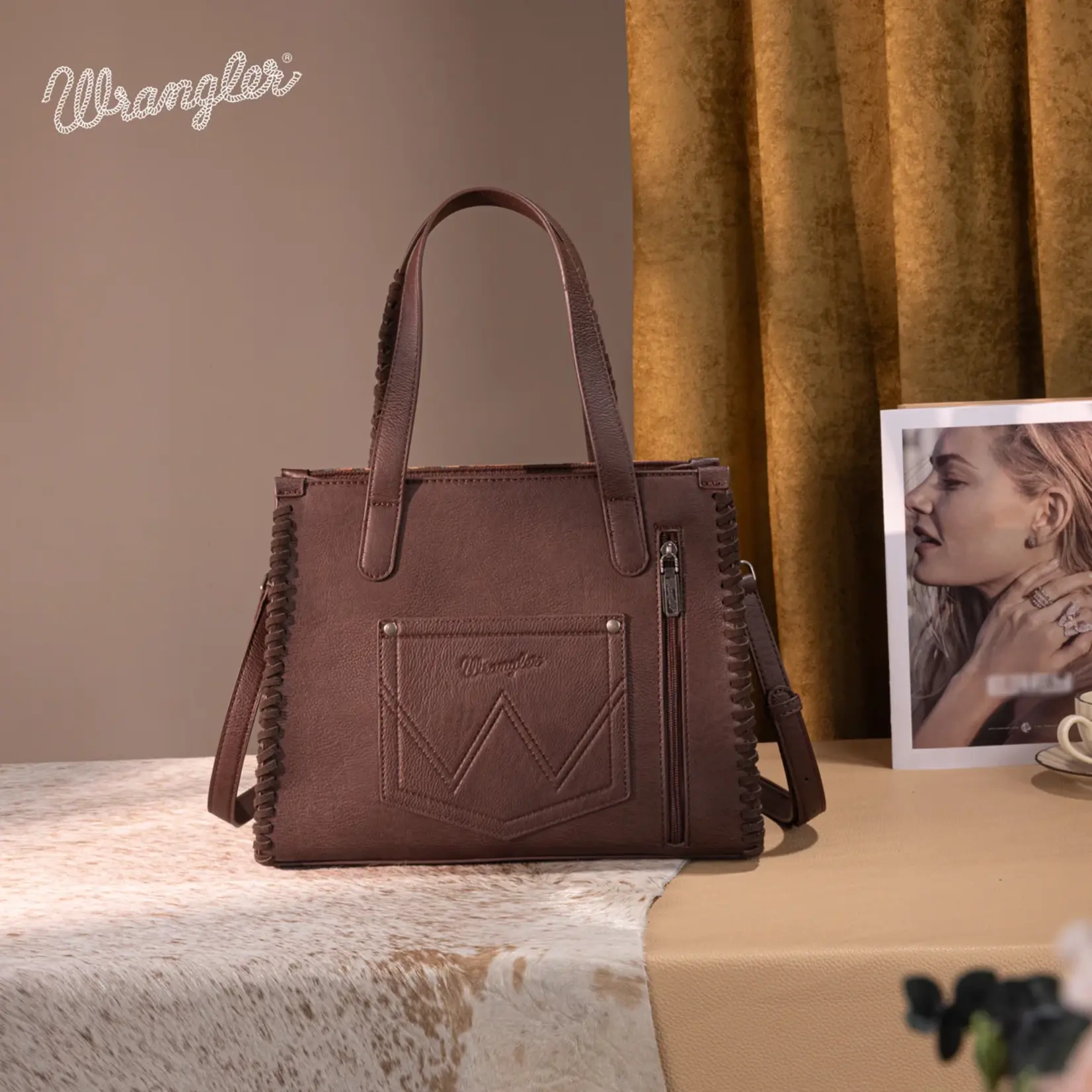 Wrangler WG60G-8317 - Dark Brown - Wrangler Vintage Retro Cowboy Cool Print Concealed Carry Satchel/Crossbody