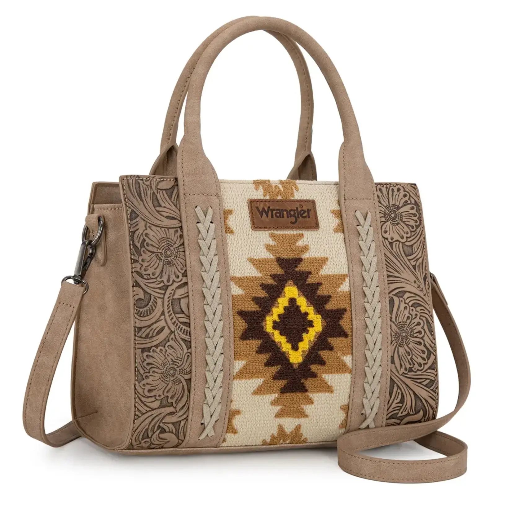 Wrangler WG226-8120 Tan - Wrangler Tooled Aztec Pattern Print Concealed Carry Tote/Crossbody