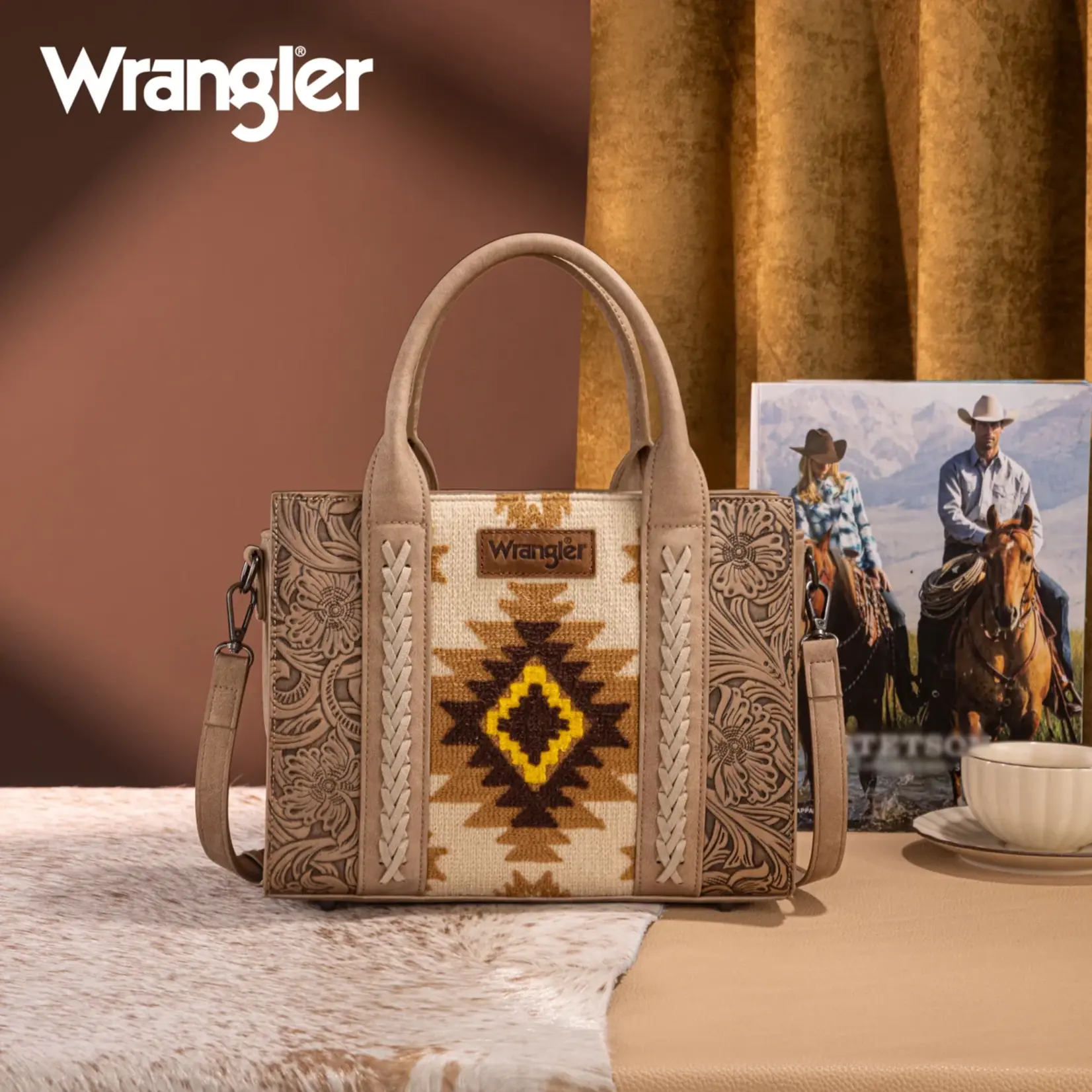 Wrangler WG226-8120 Tan - Wrangler Tooled Aztec Pattern Print Concealed Carry Tote/Crossbody