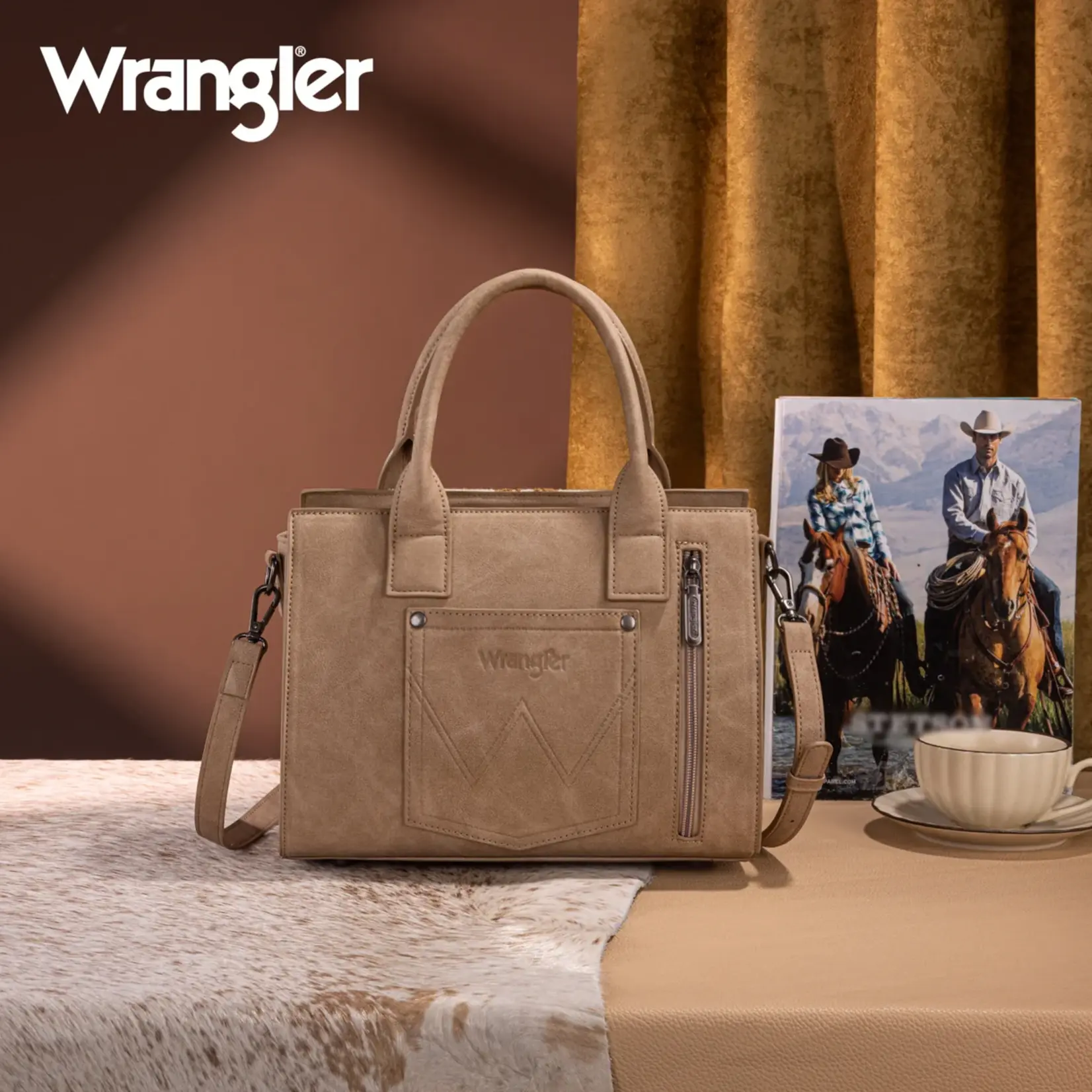 Wrangler WG226-8120 Tan - Wrangler Tooled Aztec Pattern Print Concealed Carry Tote/Crossbody