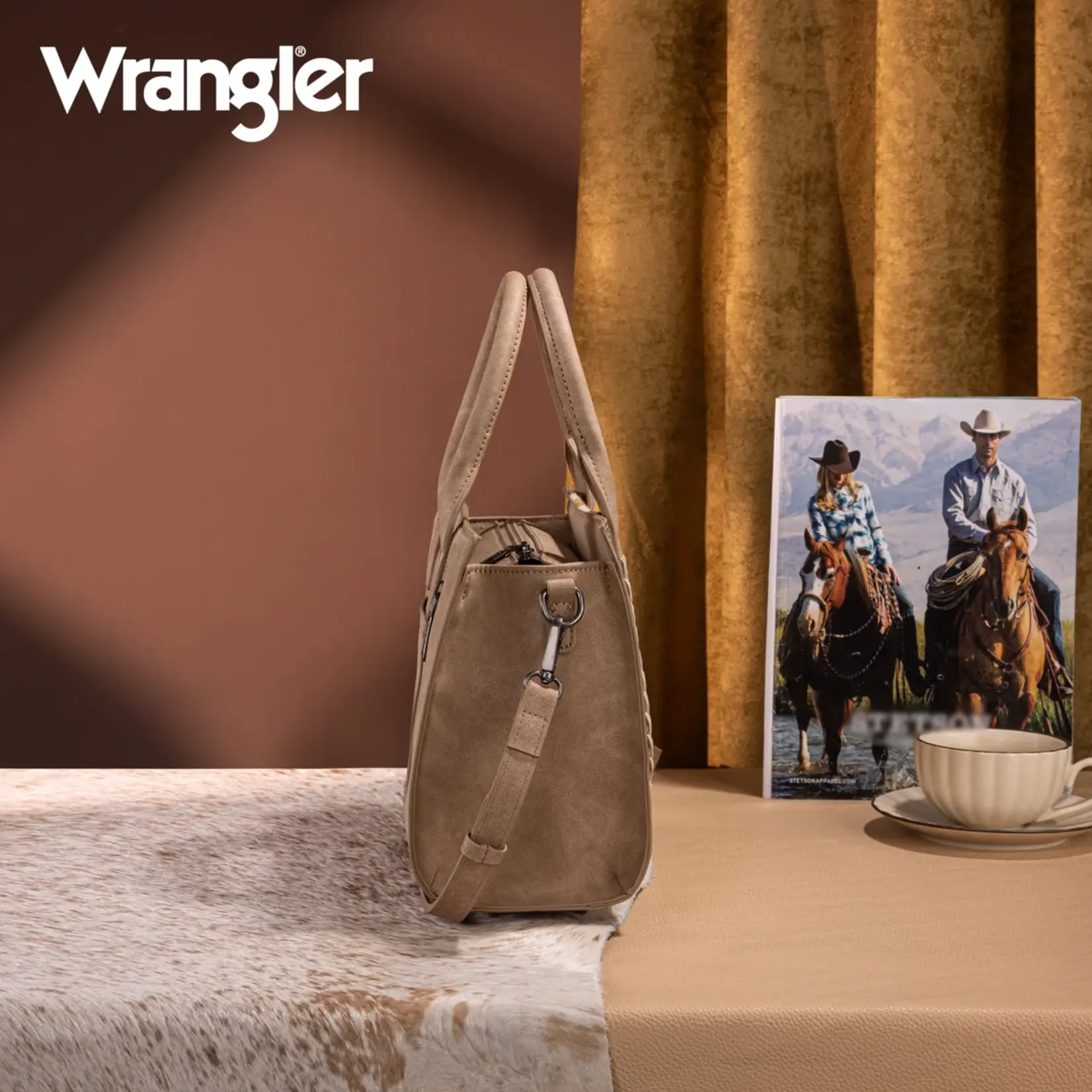 Wrangler WG226-8120 Tan - Wrangler Tooled Aztec Pattern Print Concealed Carry Tote/Crossbody