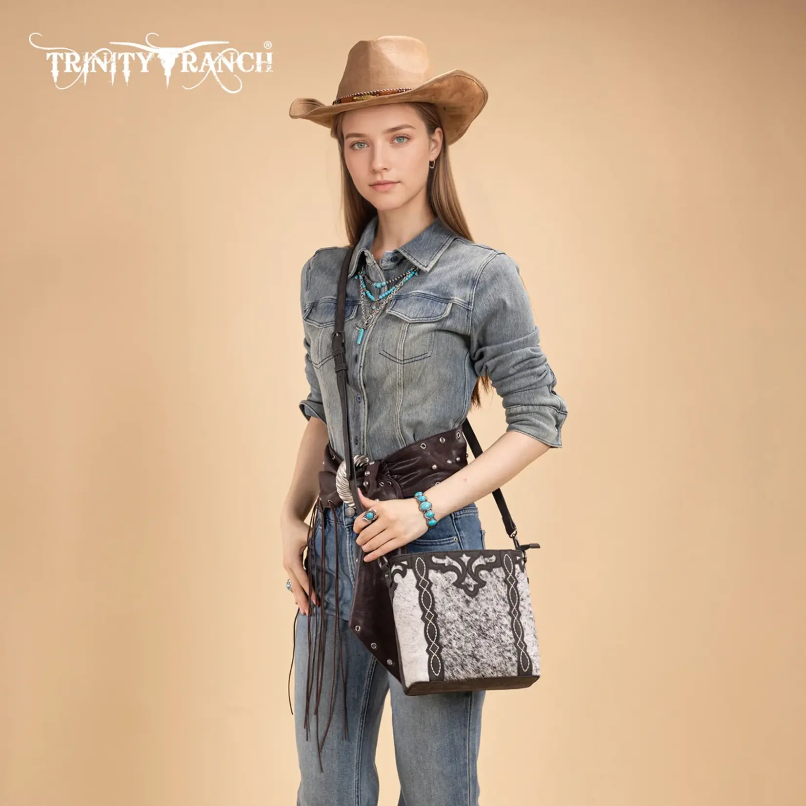 TR198G-9360BK - Black - Trinity Ranch Western Hair-On Cowhide Concealed Carry Crossbody
