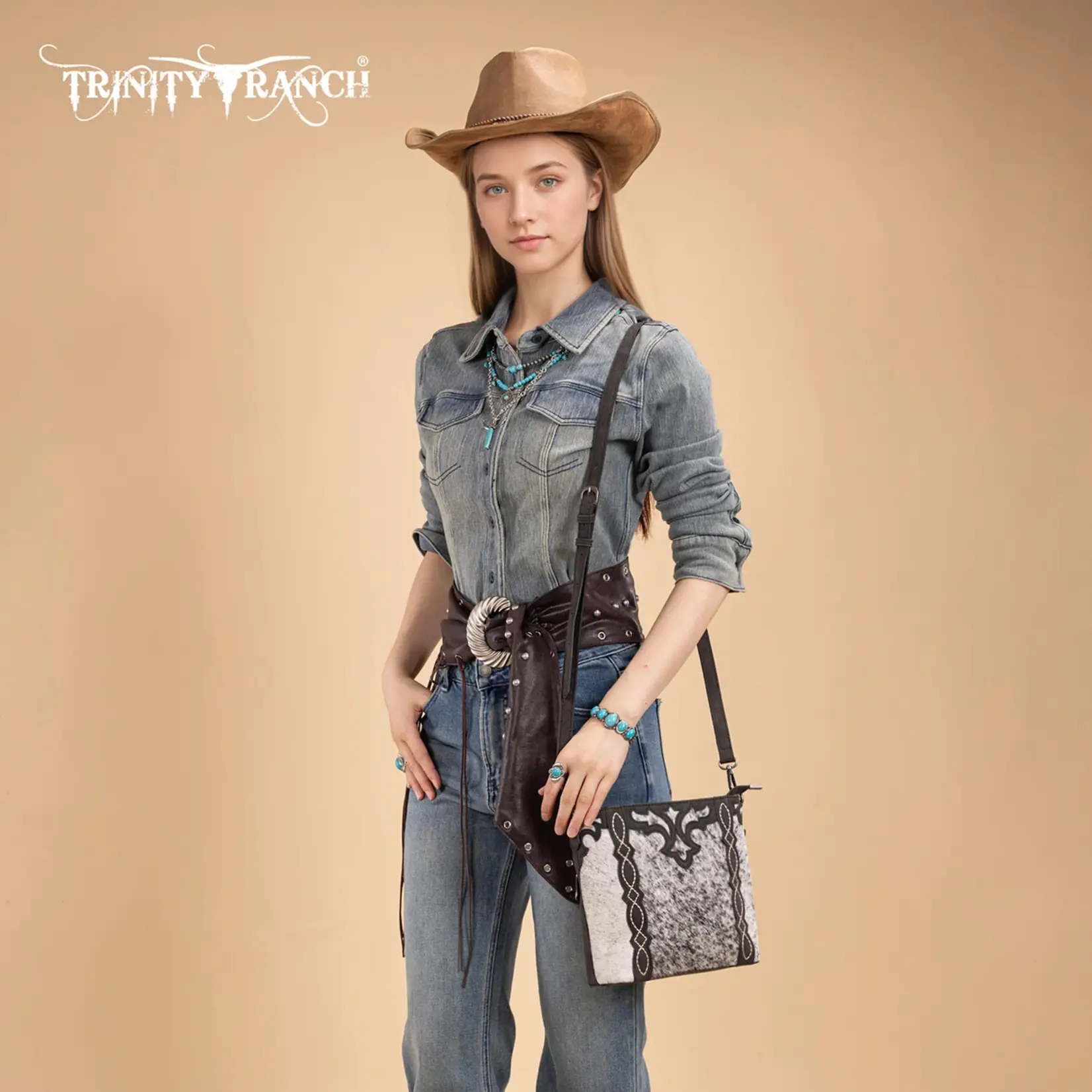 TR198G-9360BK - Black - Trinity Ranch Western Hair-On Cowhide Concealed Carry Crossbody