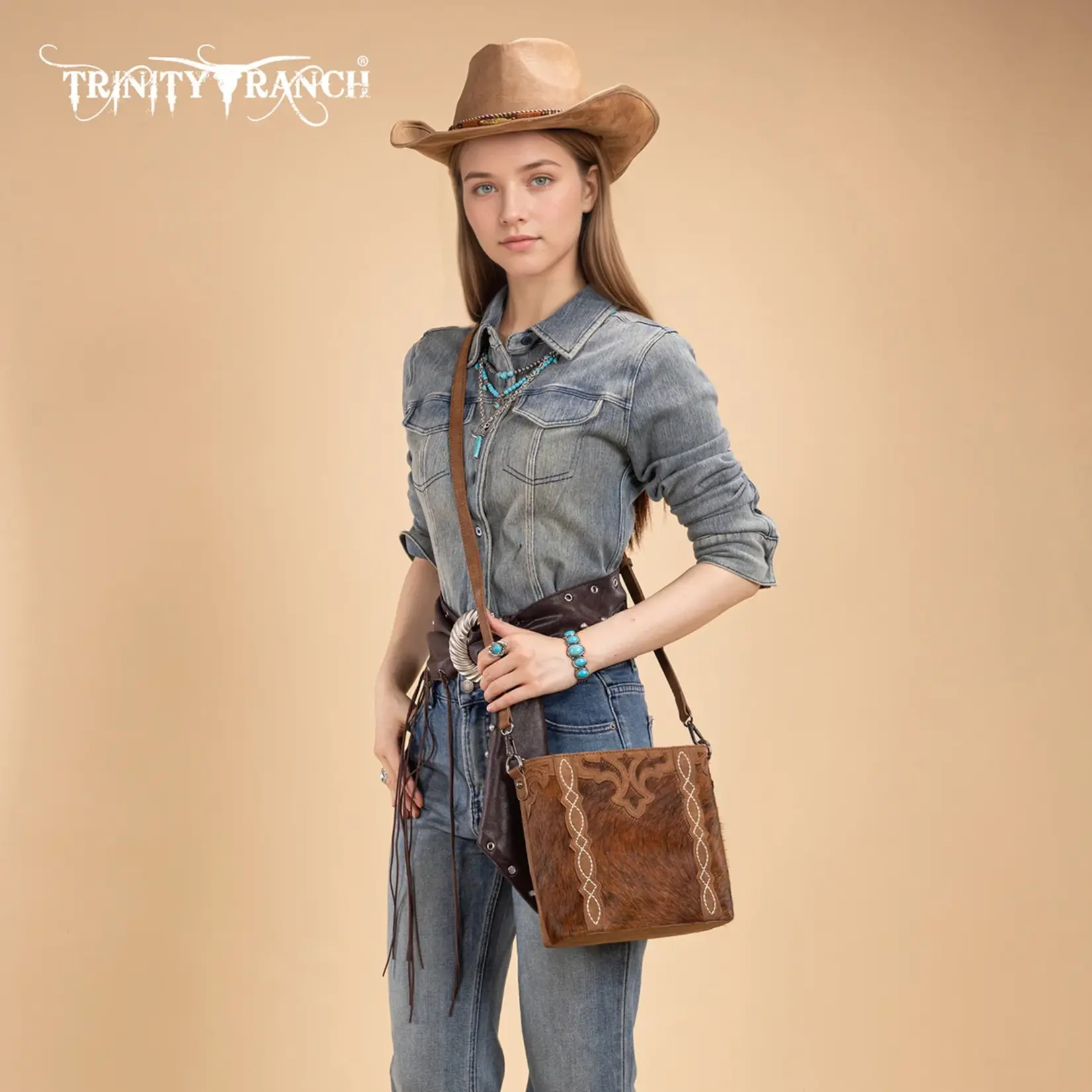 TR198G-9360BR - Brown - Trinity Ranch Western Hair-On Cowhide Concealed Carry Crossbody