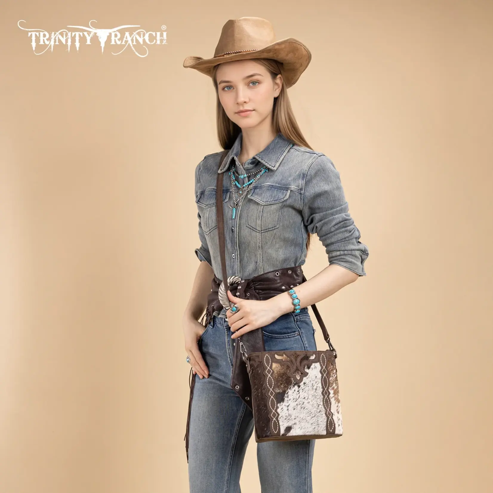 TR198G-9360CF - Coffee - Trinity Ranch Western Hair-On Cowhide Concealed Carry Crossbody