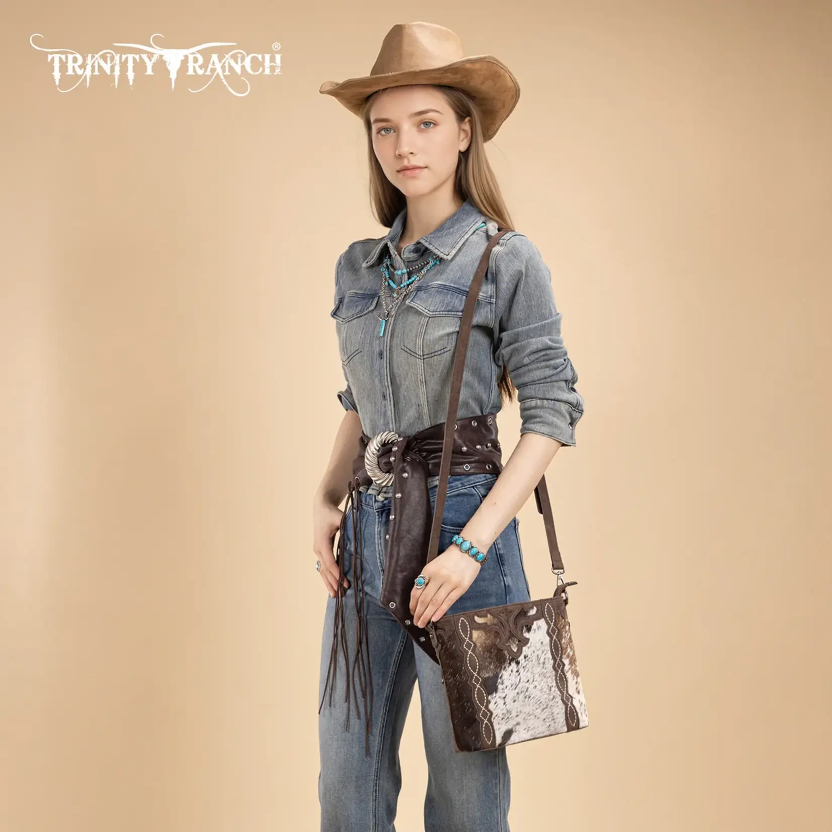TR198G-9360CF - Coffee - Trinity Ranch Western Hair-On Cowhide Concealed Carry Crossbody