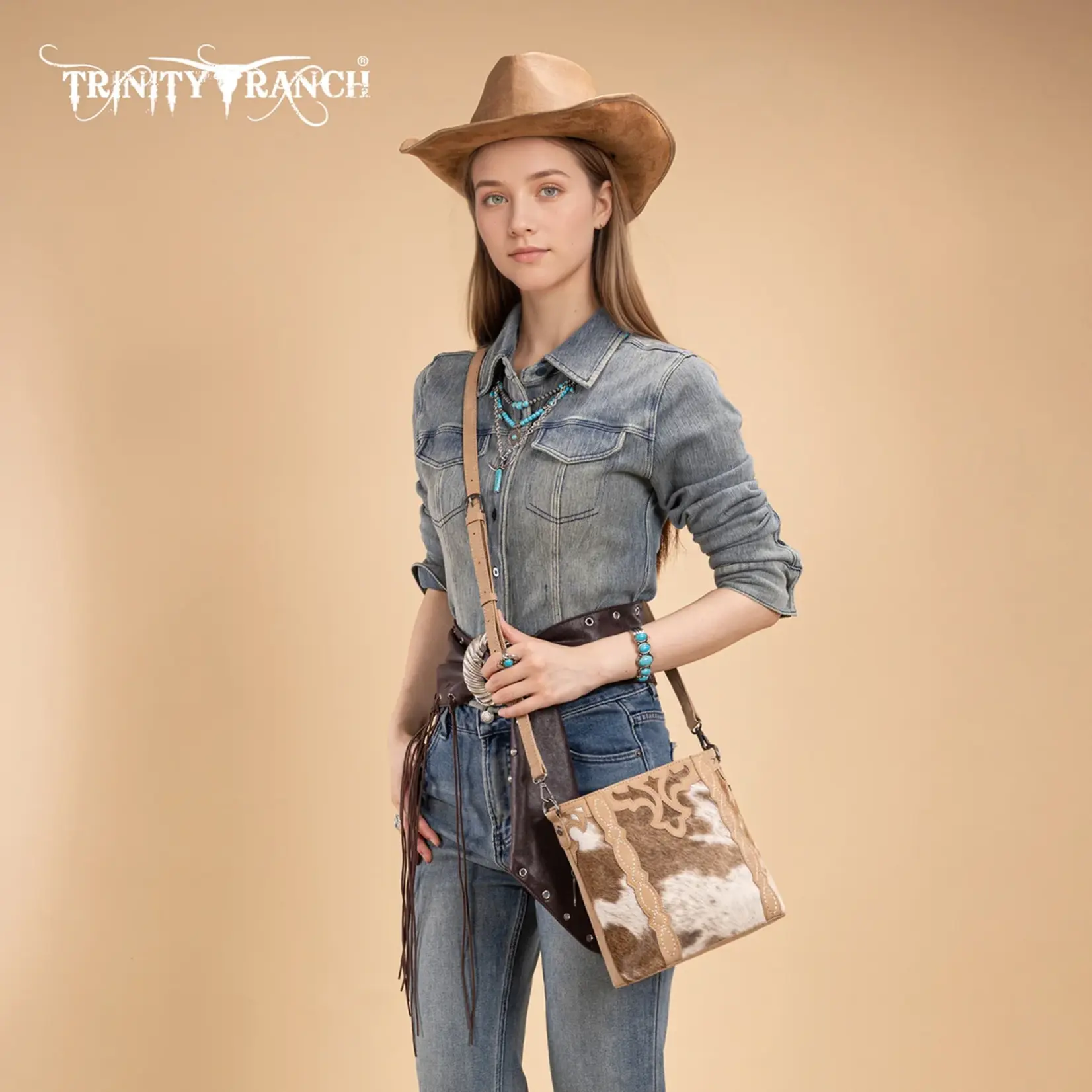 TR198G-9360TN - Tan - Trinity Ranch Western Hair-On Cowhide Concealed Carry Crossbody