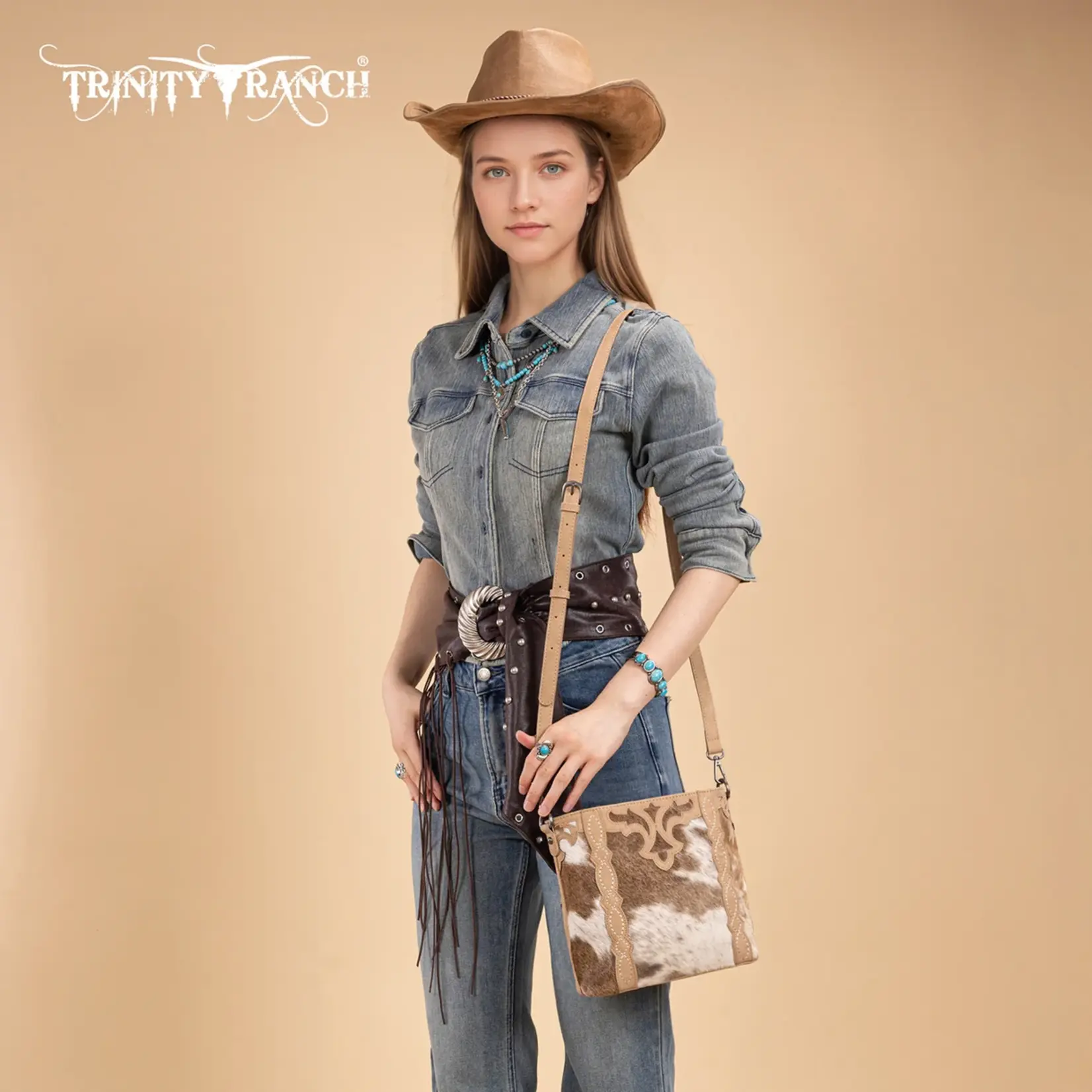 TR198G-9360TN - Tan - Trinity Ranch Western Hair-On Cowhide Concealed Carry Crossbody
