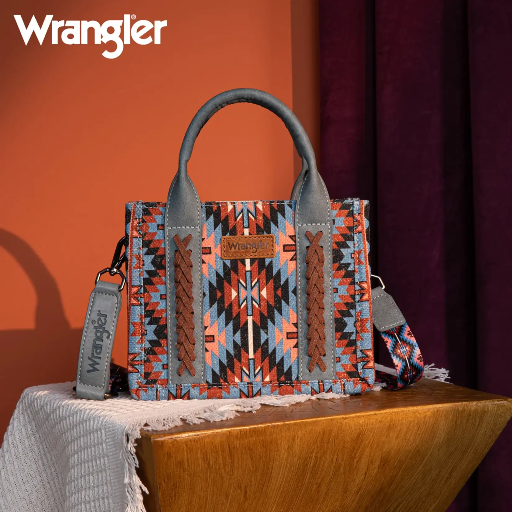 Wrangler WG2213-8866S Navy - Wrangler Southwestern Pattern Dual Sided Print Mini Tote/Crossbody
