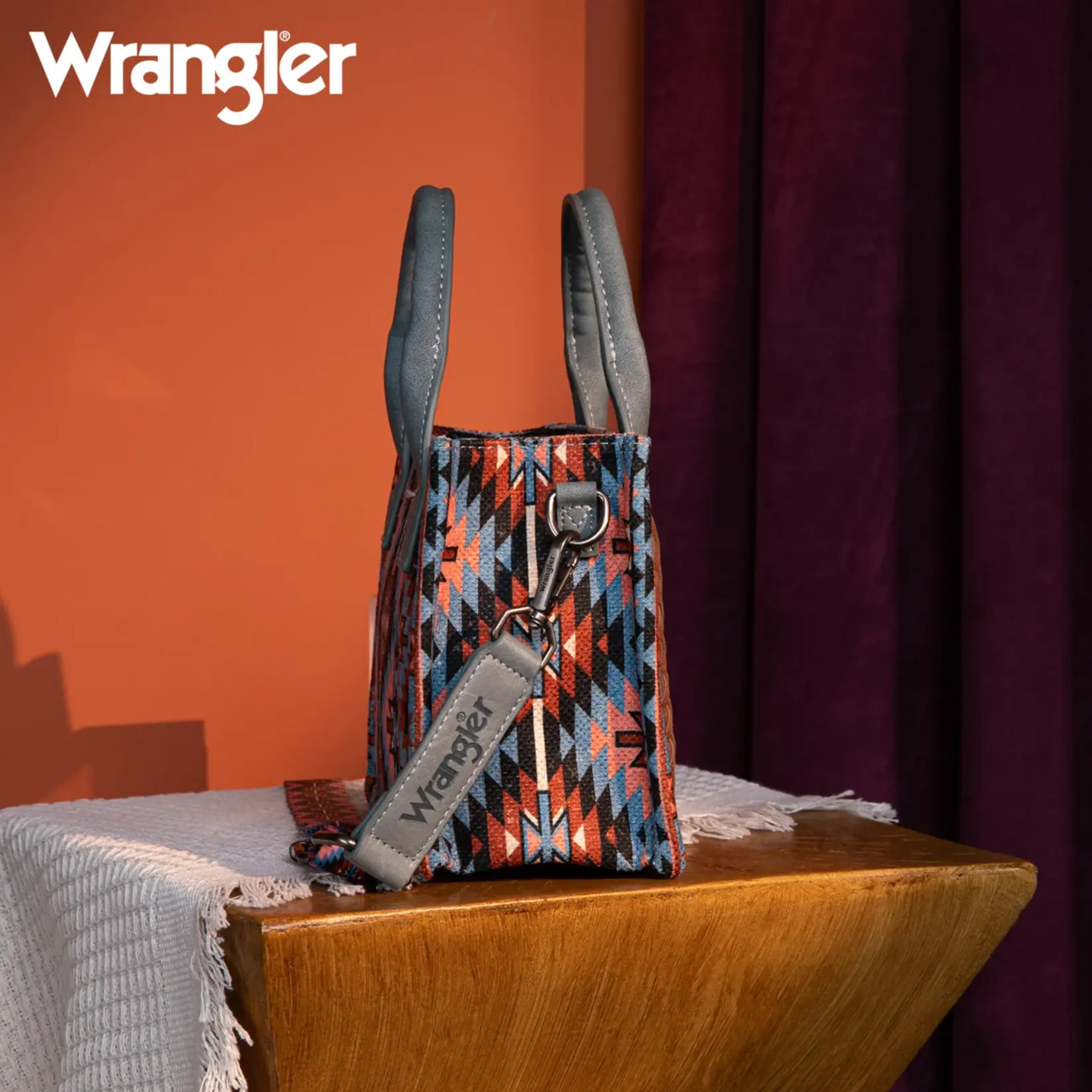 Wrangler WG2213-8866S Navy - Wrangler Southwestern Pattern Dual Sided Print Mini Tote/Crossbody