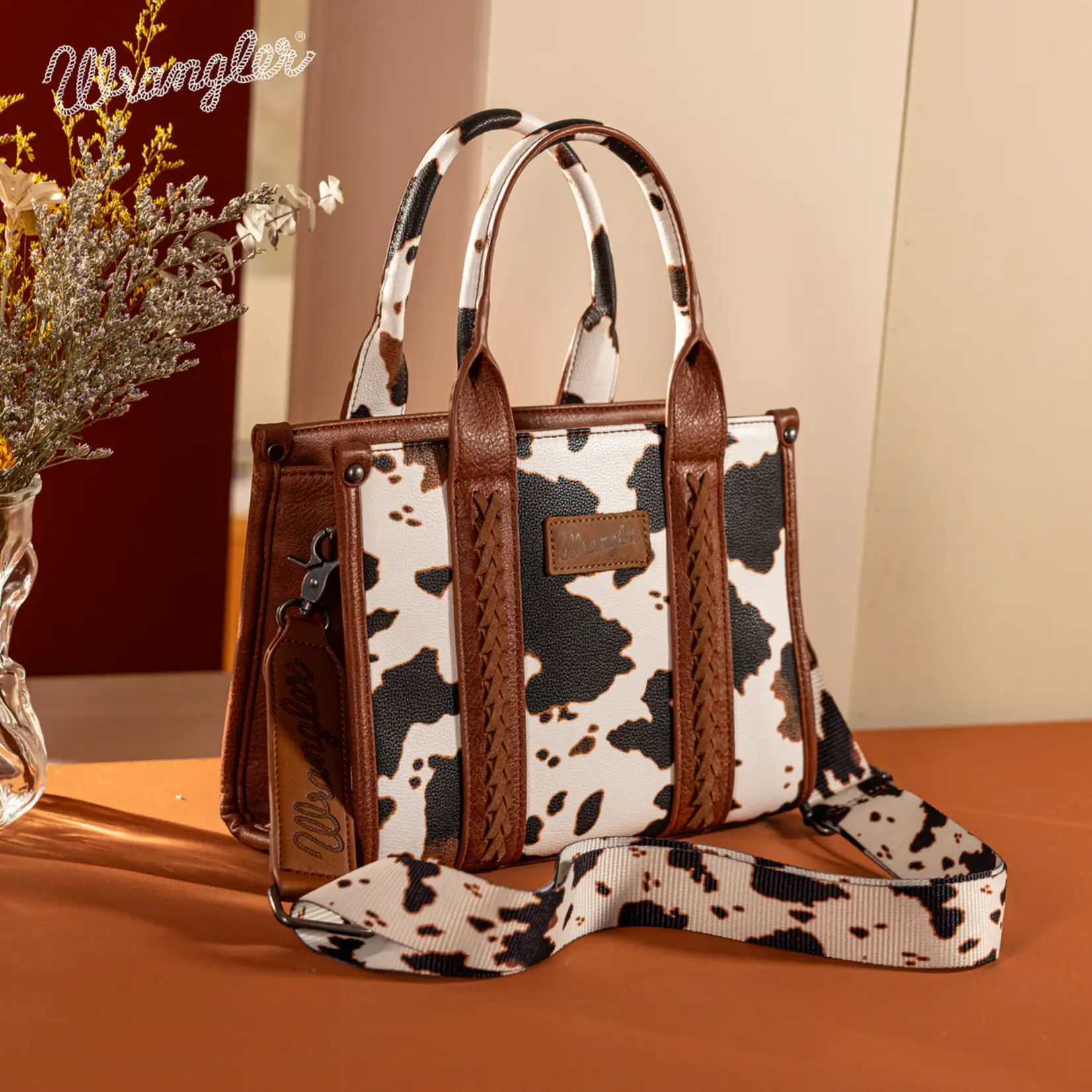 Wrangler WG-HB-133-8120S-BR - Brown - Wrangler Cow Print Concealed Carry Tote/Crossbody
