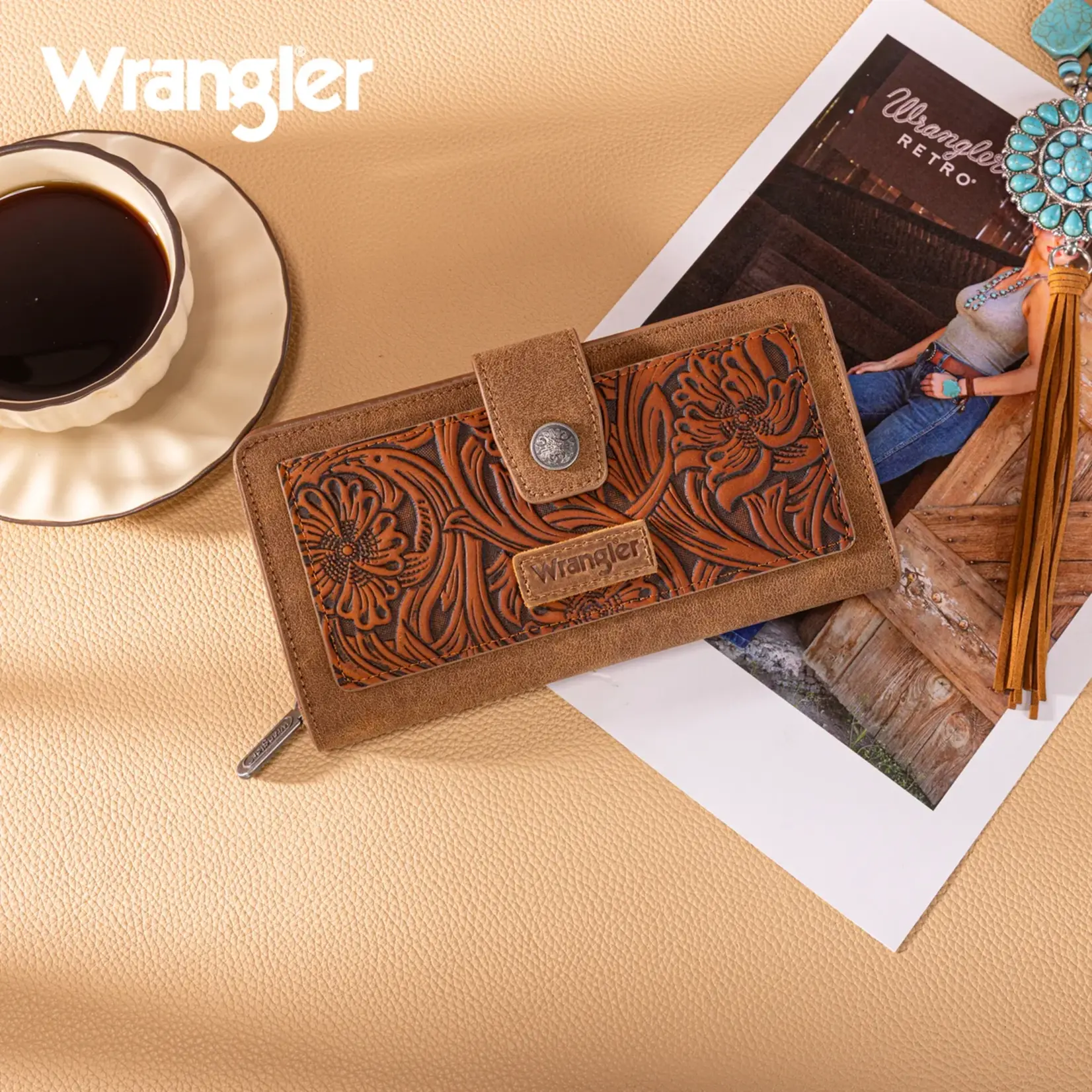 Wrangler WG339-W080BR - Brown - Wrangler Western Floral Tooled RFID Wallet