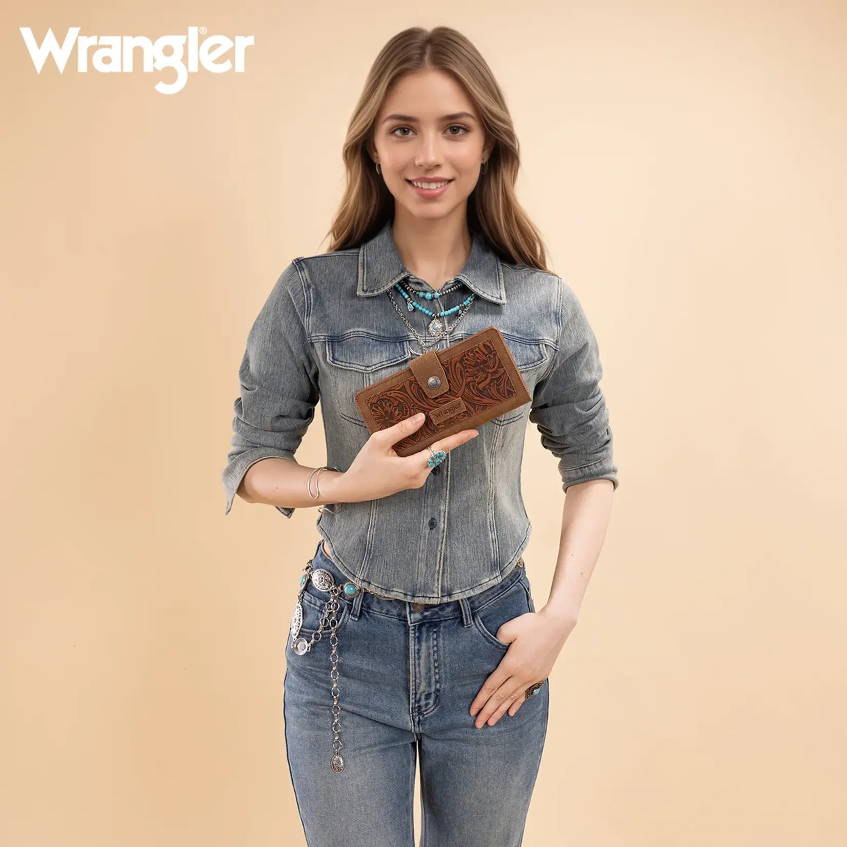 Wrangler WG339-W080BR - Brown - Wrangler Western Floral Tooled RFID Wallet