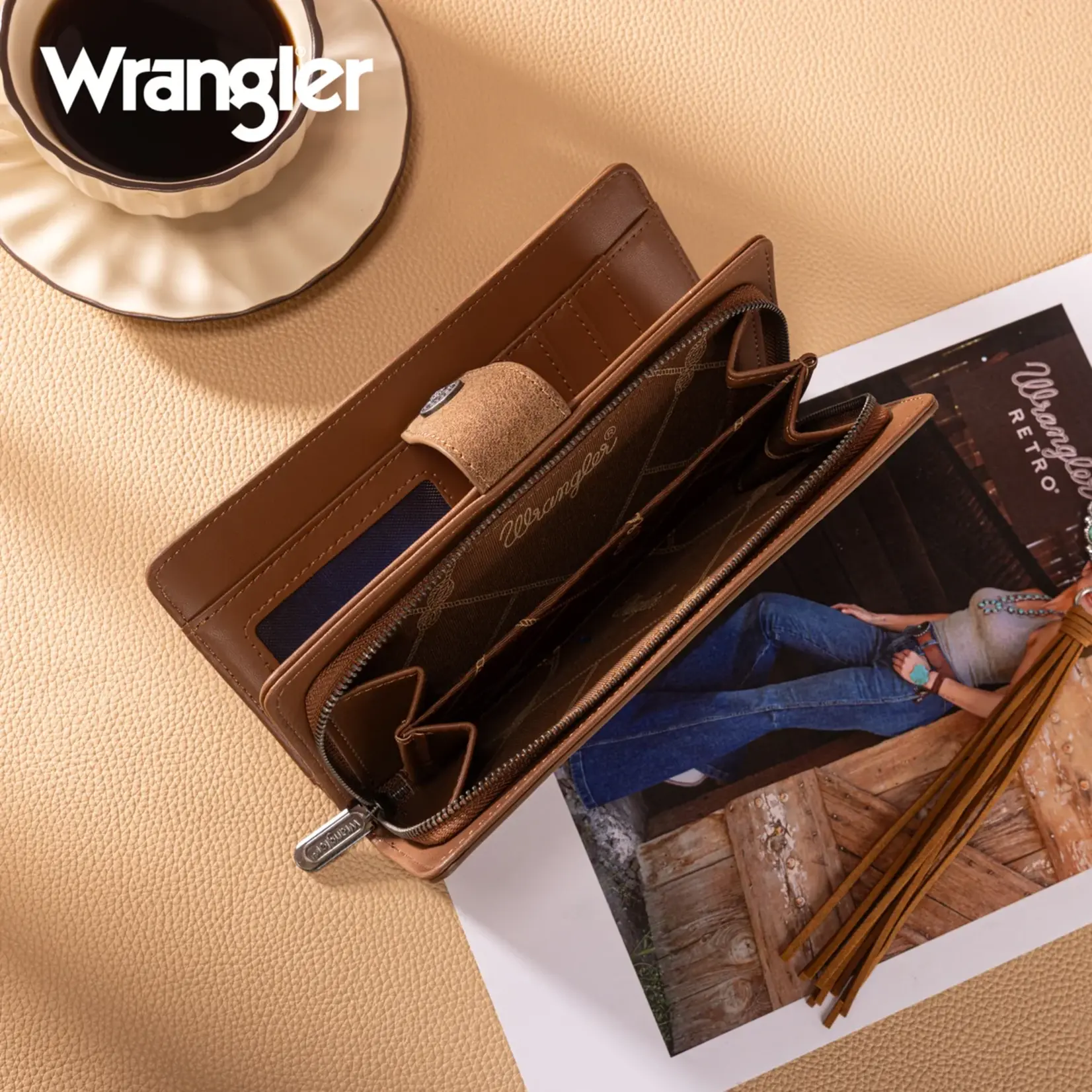 Wrangler WG339-W080BR - Brown - Wrangler Western Floral Tooled RFID Wallet