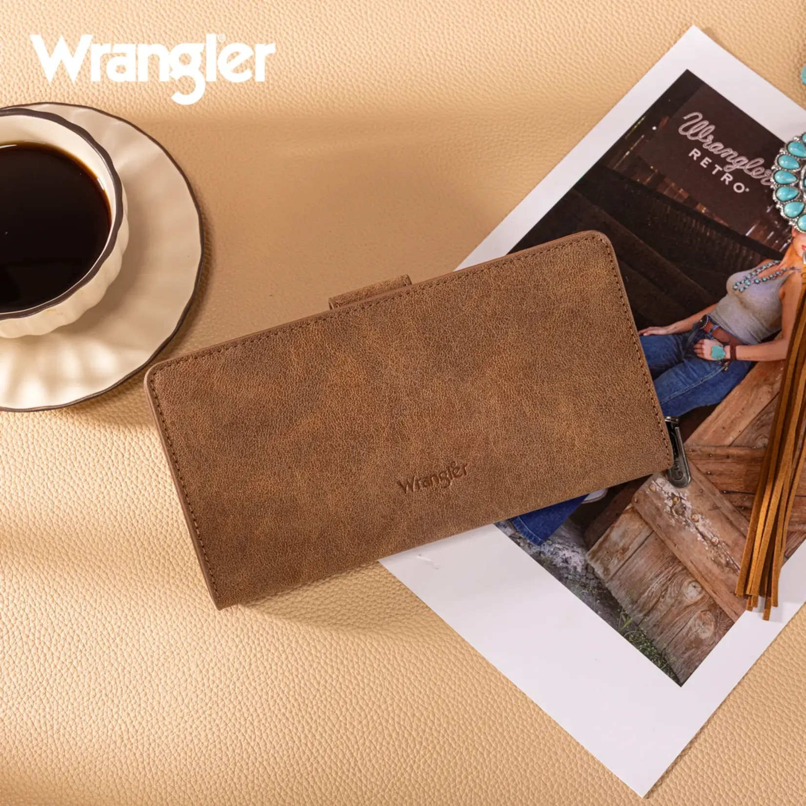 Wrangler WG339-W080BR - Brown - Wrangler Western Floral Tooled RFID Wallet