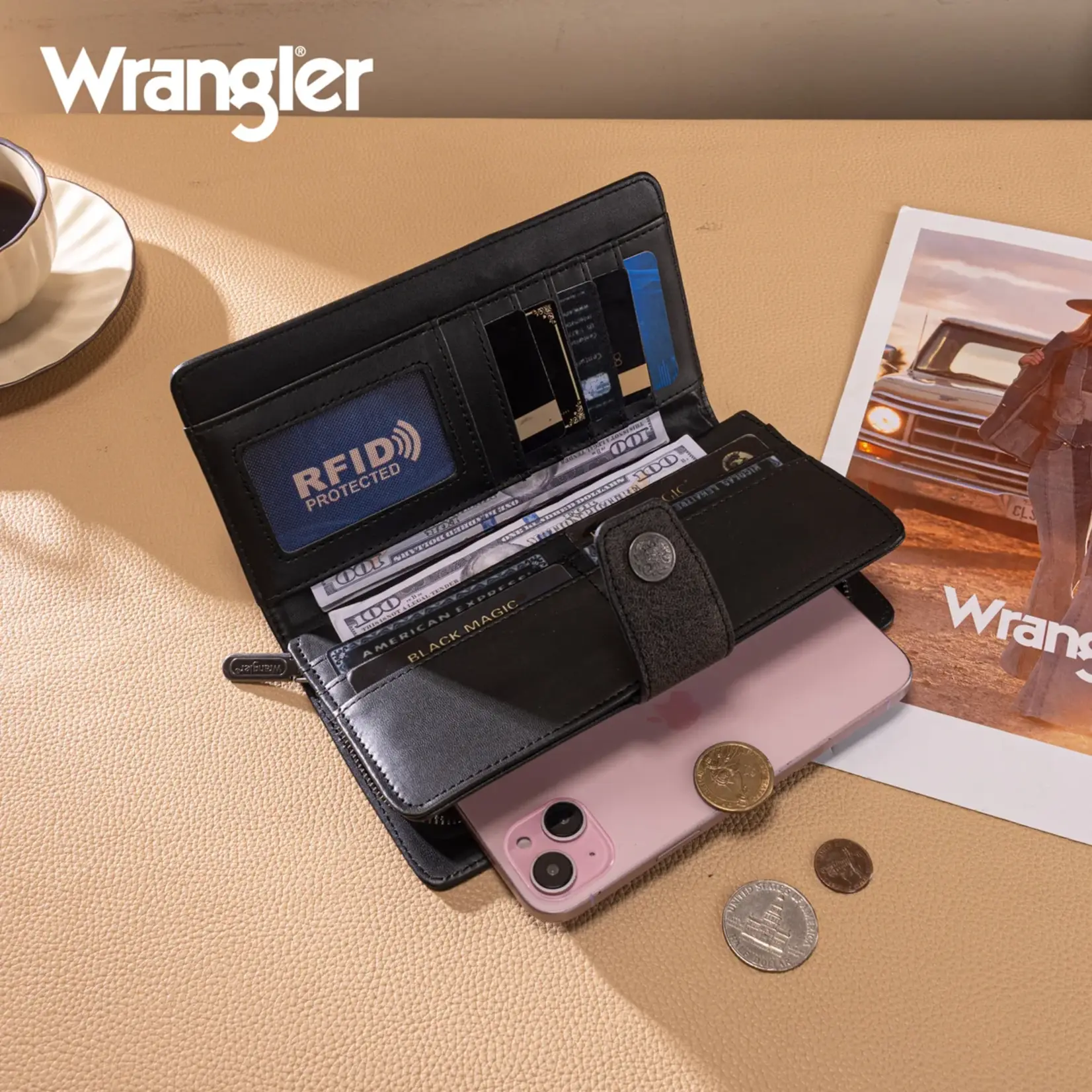 Wrangler WG339-W080BK - Black - Wrangler Western Floral Tooled RFID Wallet