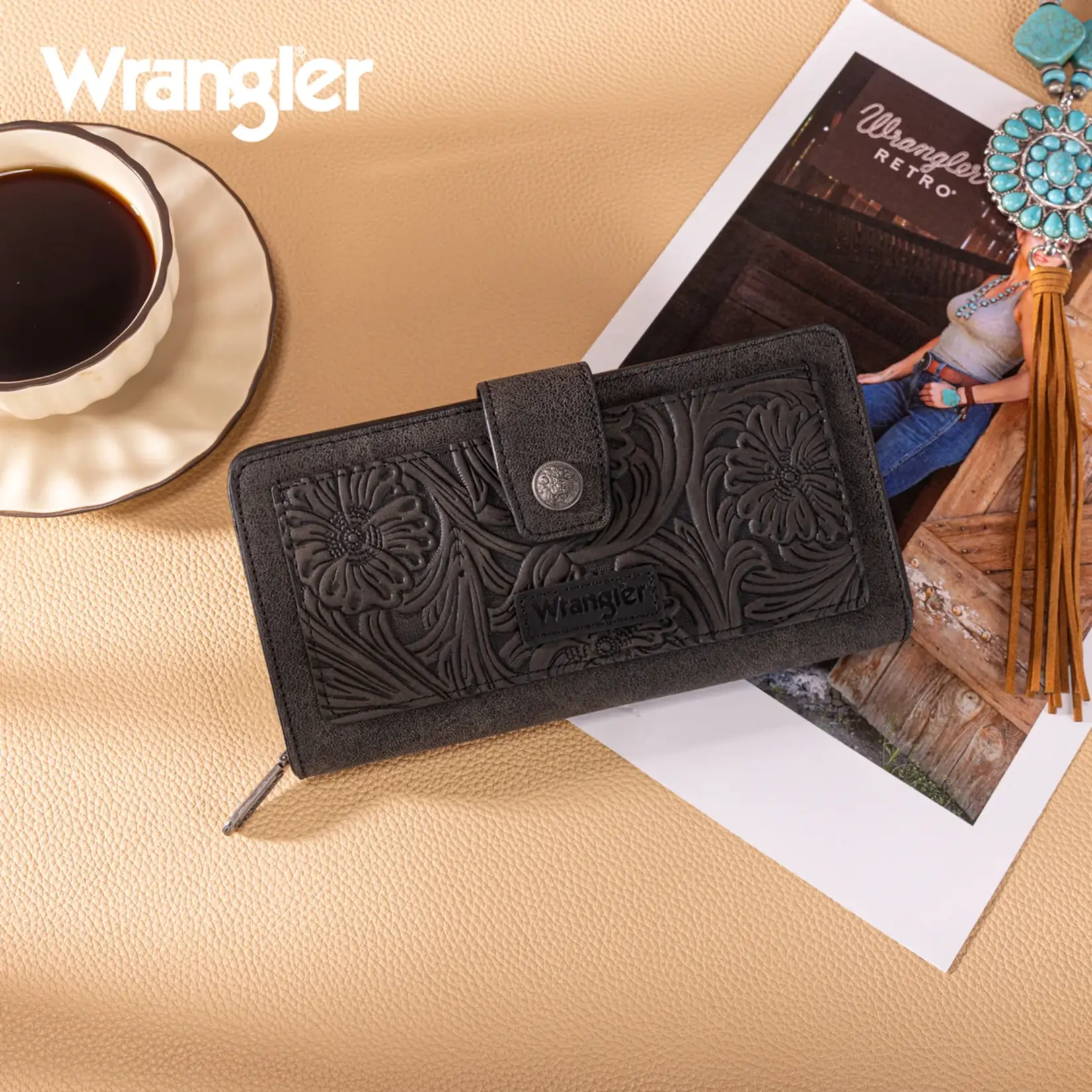 Wrangler WG339-W080BK - Black - Wrangler Western Floral Tooled RFID Wallet
